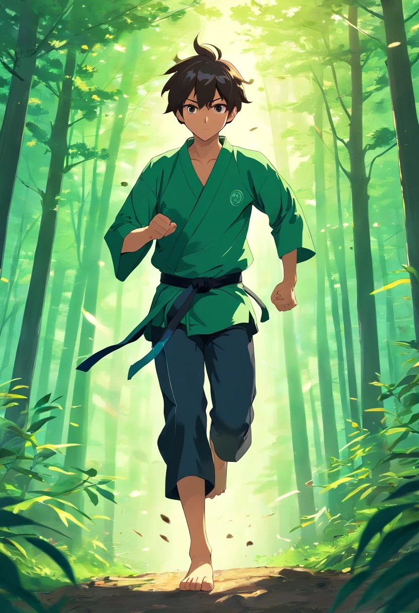 (best quality)), ((masterpiece)), (detailed), male 21 martial artist, masked, dark green/black martial arts clothes, running fast, escaping through the forest terrain, outskirts, with energy blasts