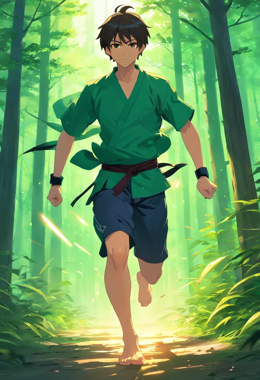 (best quality)), ((masterpiece)), (detailed), male 21 martial artist, masked, dark green/black martial arts clothes, running fast, escaping through the forest terrain, outskirts, with energy blasts