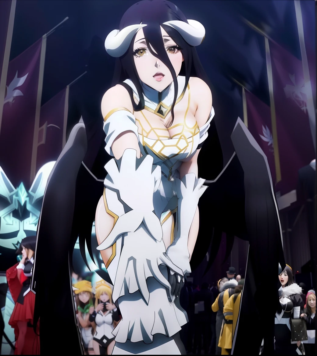 Albedo, long black dress, sexy dress, provocative look, evil smile, bare leg, open neckline, big breasts, blushing,