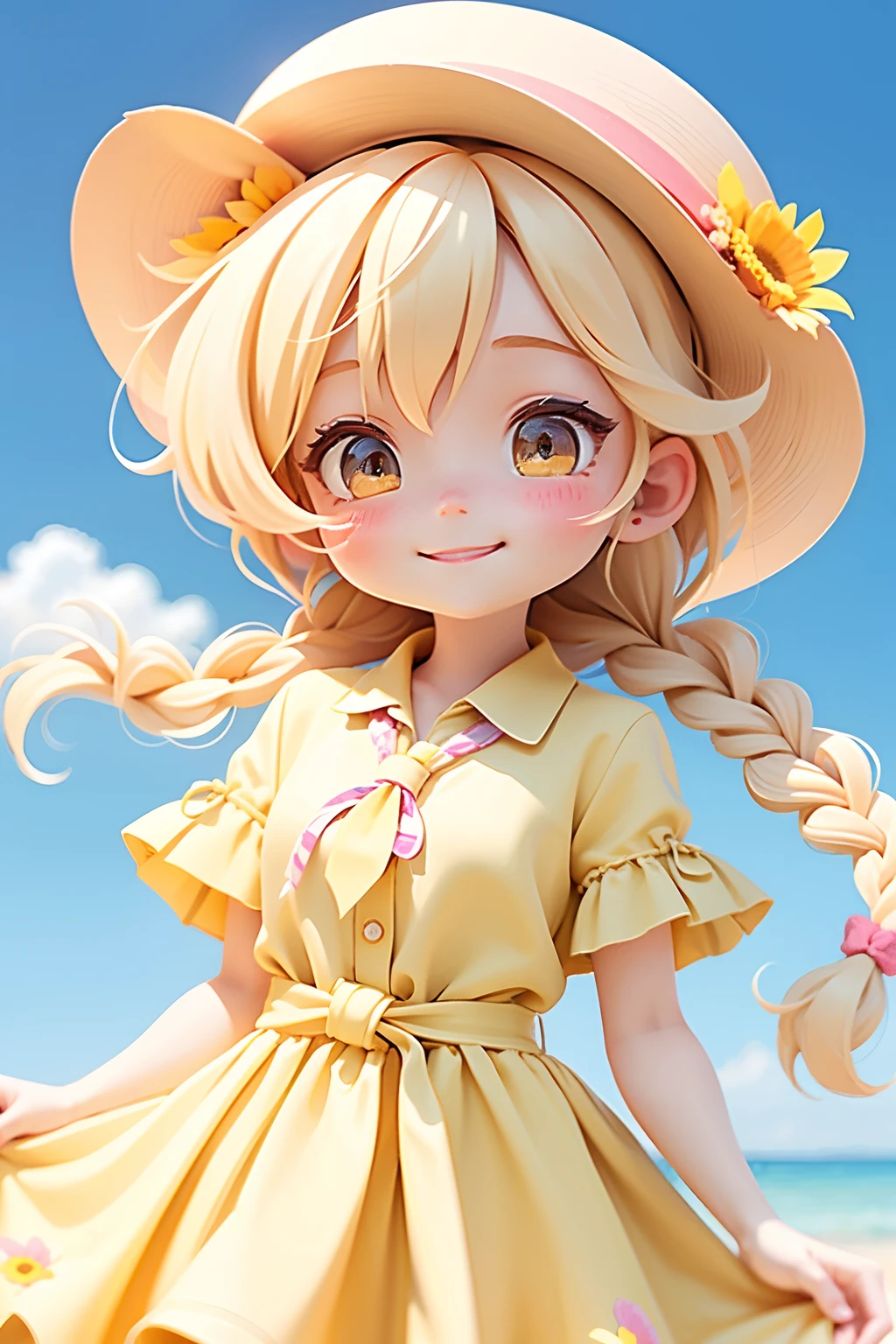 lolli girl in princess long yellow dress with sun flower style, blond hair with braid, cute smile in happyface, cap, cute ribbons, necktie, photoshot, summer sun beach