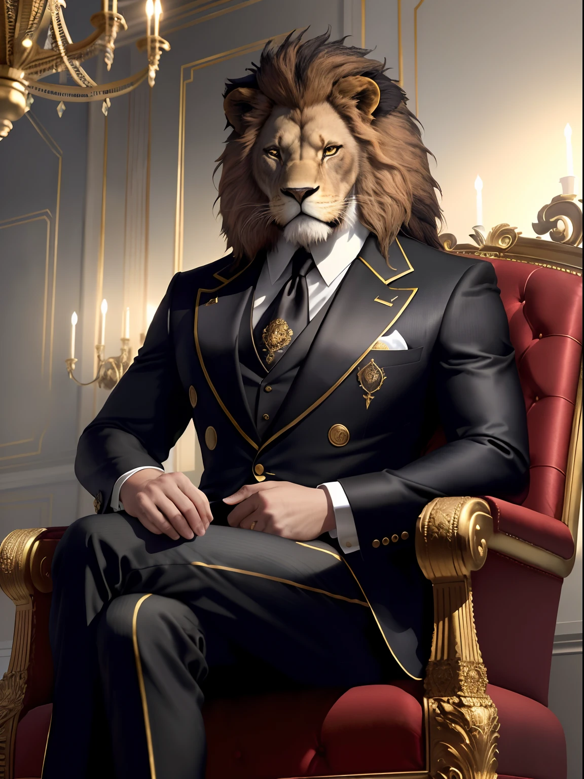 "A photorealistic depiction of a powerful and sinister lion with a tortuous political aura. The lion should be portrayed as a cunning and manipulative figure, Dressed in a sharp and majestic politician's attire. The lion's expression should exude arrogance and cruelty. The background must be a grandiose and opulent political scenario., with symbols of power and influence. The lighting should be dramatic, Casting shadows that add to the lion's ominous presence. The camera shot should be an average shot, Capture the lion's imposing posture and the fine details of your politician's outfit. Resolution should be 8K or higher to show the intricate textures of the lion's coat and ornate elements of their outfit.. El estilo de renderizado debe apuntar a un aspecto profesional y pulido, similar to a political campaign poster or a propaganda artwork. Artistic inspirations can be drawn from political illustrations and photographs of powerful political figures.. (((Mighty sinister lion))), (((Attire politician attire))), (((Opulent political environment))), (((Dramatic lighting))), (((Plano medio))), (((8K resolution))), (((Estilo de renderizado profesional))).»