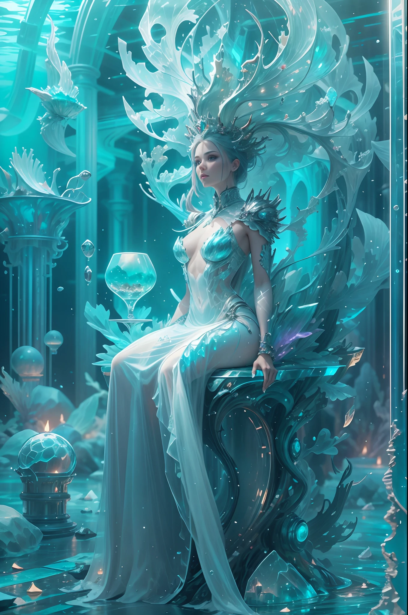 ModelShoot style, (Extremely detailed Cg Unity 8K wallpaper),[snowy mountain landscape,Translucent ethereal mechanical queen,Futuristic queen,Mechanical joints,Futuristic underwater translucent ice palace close-up,Colorful tropical fish, Beautiful coral reef in the background,Undersea Kingdom,snow mountains,Igloo,Ice Sculpture Palace,Ice cube room,The palace of the Ice Queen,Art germ, Broken glass, ((bubbly underwater scenery)) ,Radiant light octane rendering is highly detailed,photography of:Brandon Woelfelmist,Surreal dreams,Surrealist art fantasy style,Epic digital fantasy art style,lute,hdr,Beautiful sci-fi art, Science-fi digital art illustration, Digital cyberpunk art, science fiction digital painting, futuristic digital painting, futuristic concept art, Sci-fi deep-sea cyberpunk, Cyberpunk Atlantis in front of the landscape, science fiction digital art, Advanced digital cyberpunk art, dreamy cyberpunk girl