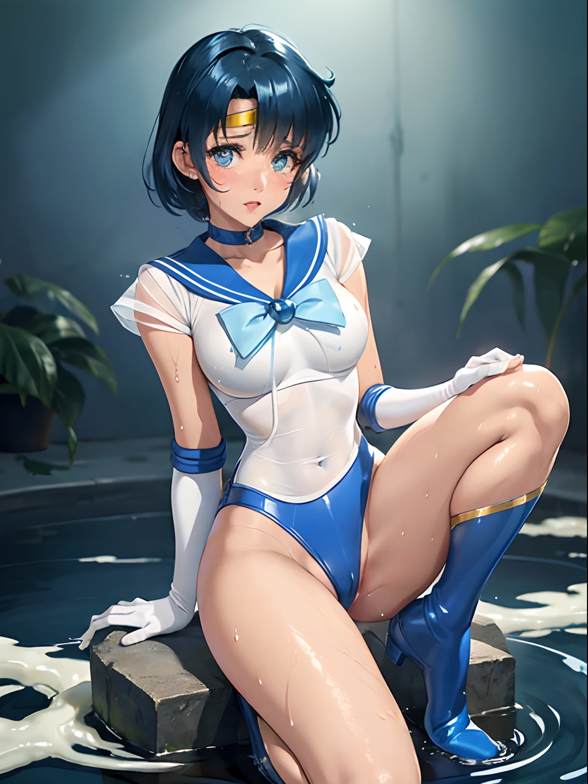 Sailor Mercury　Full limbs　complete fingers　Transformation heroine of justice　Enameled White Leotard　Enamel Blue Boots　Wrinkled boots　Enamel Blue Choker　Enamel White Gloves　Enamel Blue Mini Skirt　Neat and clean image　Gold decoration　Costumes with fancy decorations　justice　poneyTail　semi long hair　hair adornments　Crying expression　Opening Mouth　Squinting eyes　Jockey Boots　thrust out one's hip　Open your legs　　Poop sitting　Full body painting　Put your hand on your crotch　Underarm is visible　Long boots below the knee　Raw feet　　The body is covered with white slime　Open your crotch　bend knee　お漏らし　Yellow clear liquid flowing from the crotch　full of sweat　Leotards are wet and skin visible　Soaking in white slime　Pool full of white slime