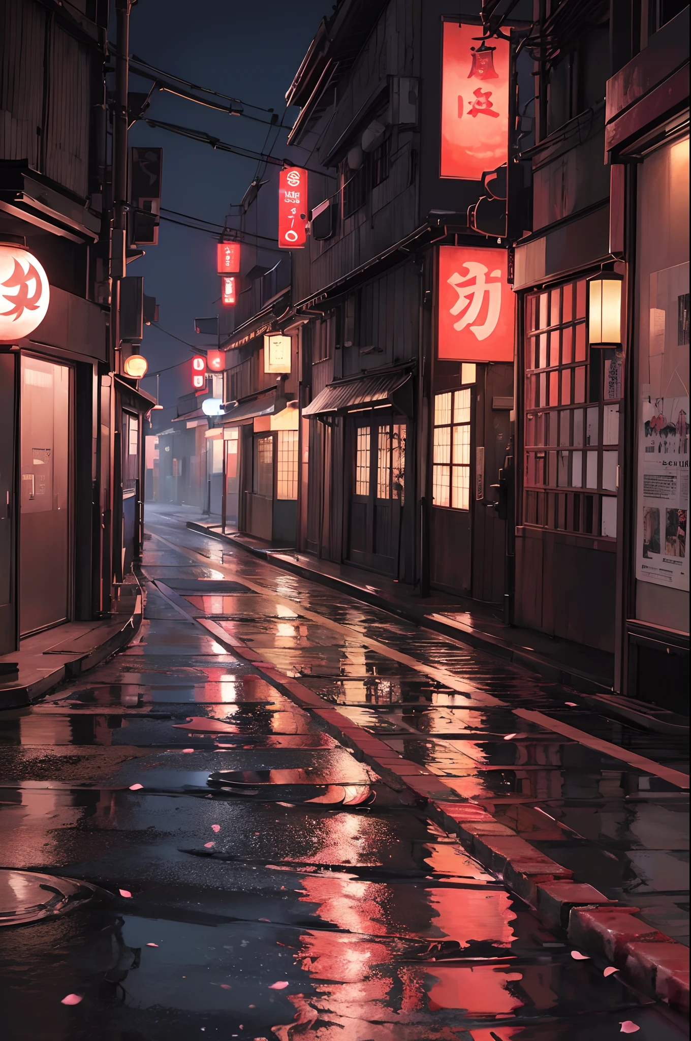 (a) Japanese cityscape, blood rain, blood pooled streets, knives, danger, cherry blossoms, (best quality,4k,8k,highres,masterpiece:1.2),ultra-detailed,(realistic,photorealistic,photo-realistic:1.37), vibrant colors, neon lights, shadowy figures, mist, reflection, deserted streets, mysterious atmosphere, traditional architecture, lanterns, samurai swords, geisha, kimono, shattered glass, moonlit sky, eerie silence, abstraction of reality, cinematic vibe, high contrast lighting, flickering streetlights, damp pavement, blurred motion, intense emotion, blend of tradition and modernity, quiet chaos, urban decay, haunting beauty, dreamlike scene, surreal mix of blood and cherry blossoms, ethereal essence