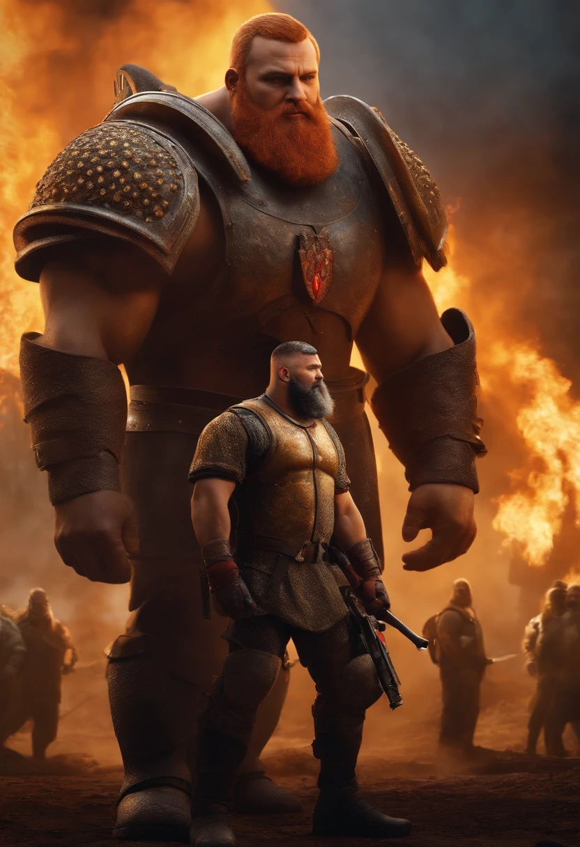 A heavy bulky 8 ft man with armor and flamethrower standing in front of the survivor group without the mask , A big face with buzz cut, russian looking, Viking Face, Hyper Realistic.