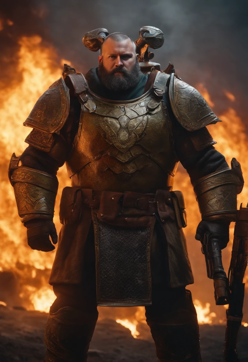 A heavy bulky 8 ft man with armor and flamethrower standing in front of the survivor group without the mask , A  big face with buzz cut, russian looking, Viking Face, Hyper Realistic.
