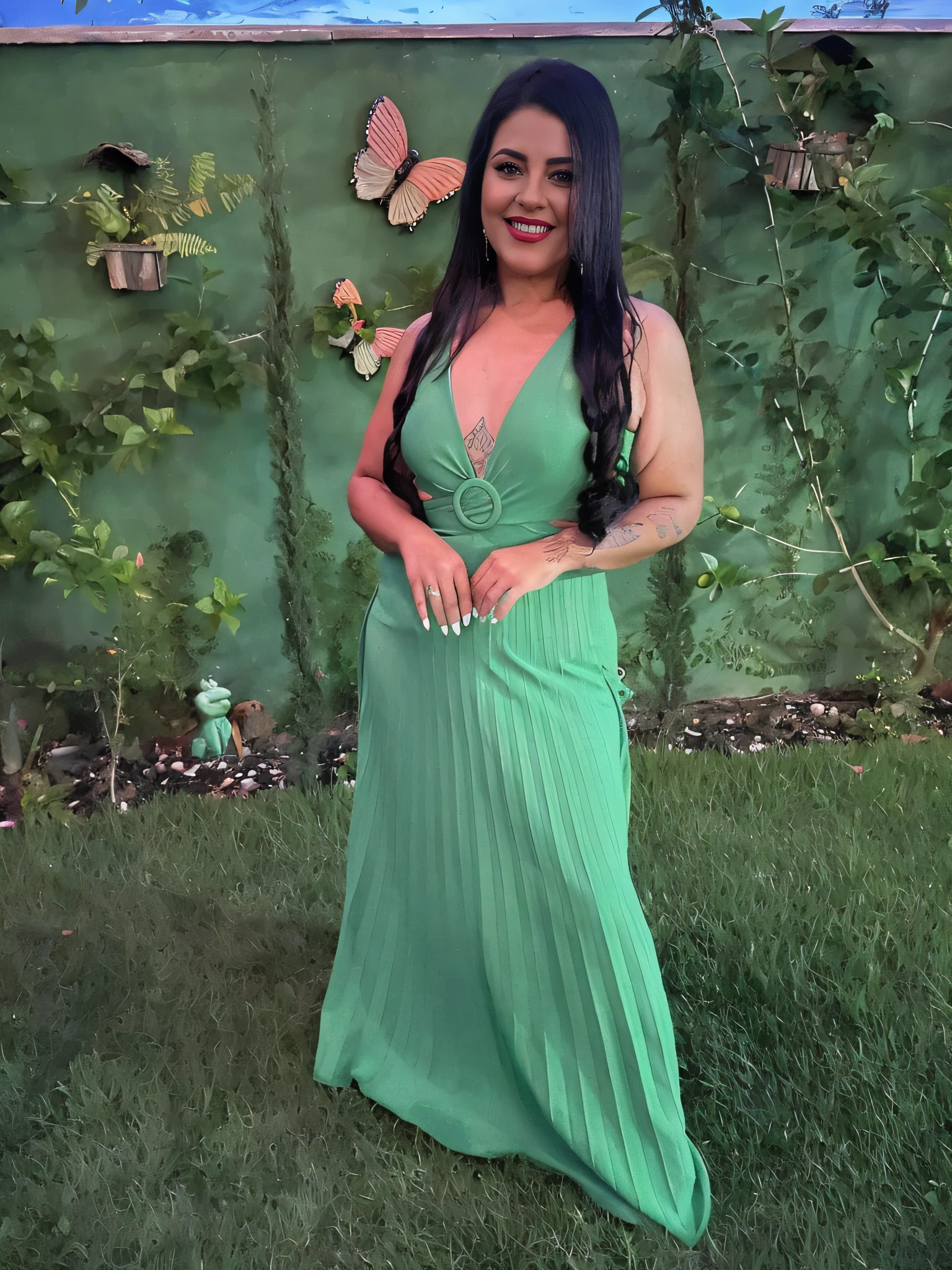 There's a woman in a green dress standing on the grass, vestido verde de corpo inteiro, vestido verde, vestindo vestido longo, Lorena Avarez, vestido verde claro, vestindo verde, usando um vestido de noite, Alanis Guillen, Foto do perfil, vestido longo, vestido longo, taken in the early 2020s, usando um vestido longo