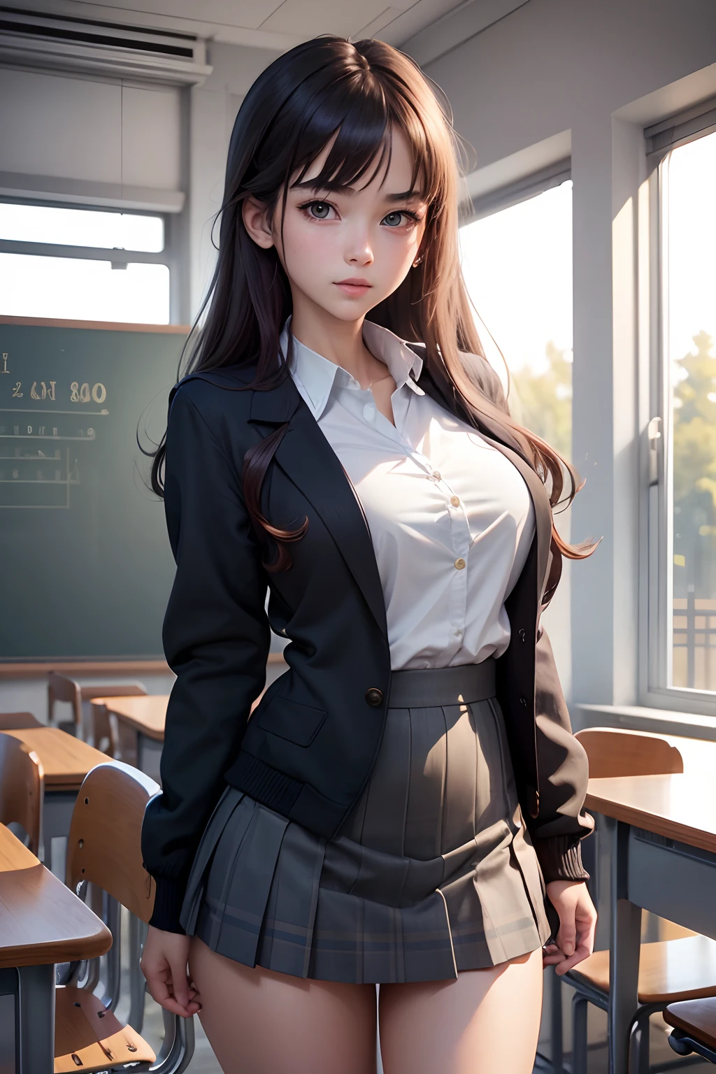 8k), (best quality), (masterpiece:1.2), classroom, vivid morning light,1girl, schoolgirl, teen, 18 yo, slim, small tits, full body, beautiful detailed eyes, beautiful detailed nose, school uniform, miniskirt, open miniskirt, casually showing, open school uniform jacket, sexy