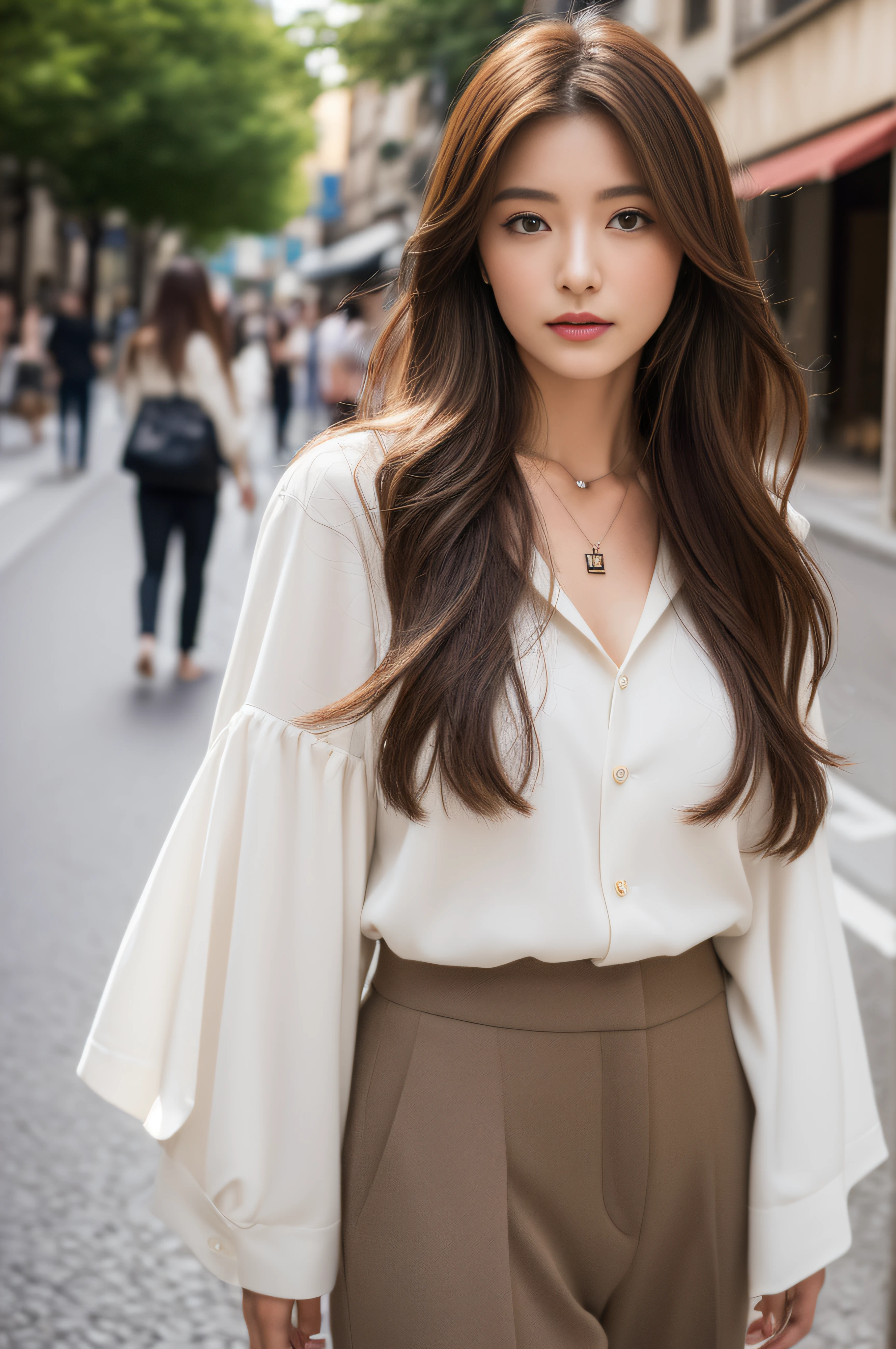 Woman posing on street corner, top quality, high resolution, 8k, The girl was alone, outdoor, (street: 0.8), (people, crowd: 1), Gorgeous, (medium hair), (dynamic poses: 0.8), (Upper body: 1.2), soft light, wind, shiny skin, gaze,