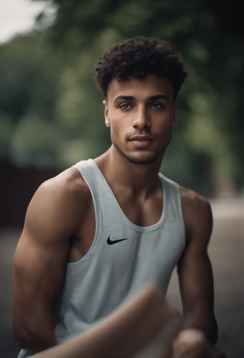 Young mixed-race man with blue eyes and short hair, Dressed in Nike from head to toe