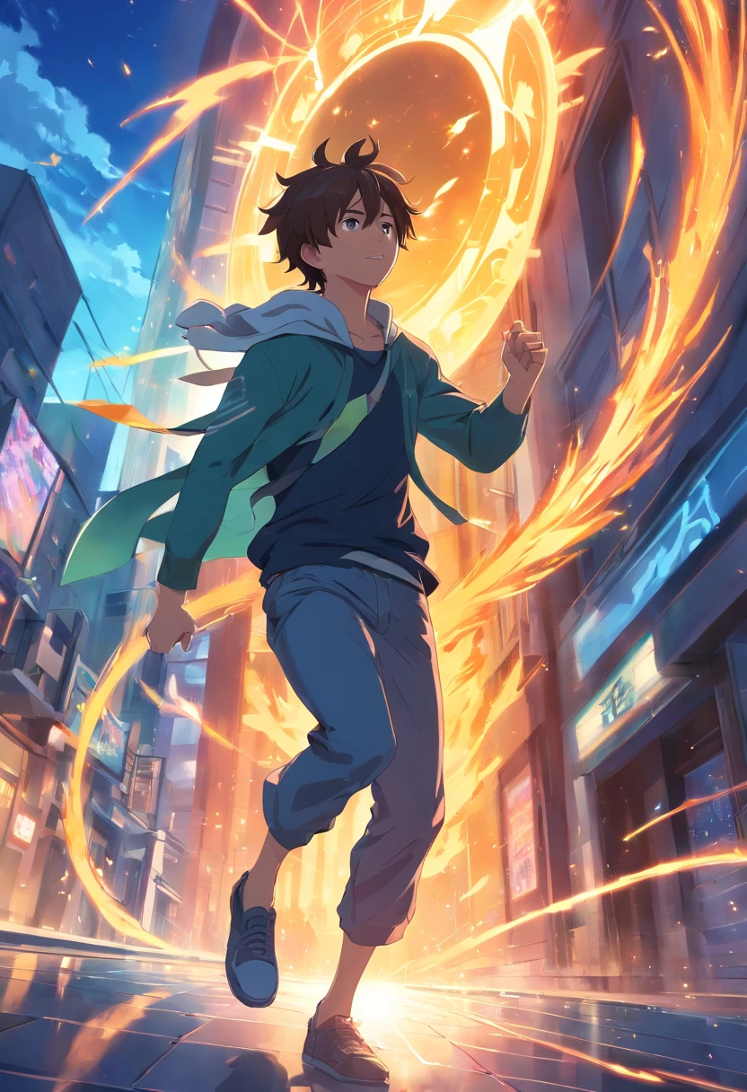 (best quality)), ((masterpiece)), (detailed), male thief, masked, dark Gi clothes, running fast, escaping through the solar fiery portal of the sun, calm blue aura