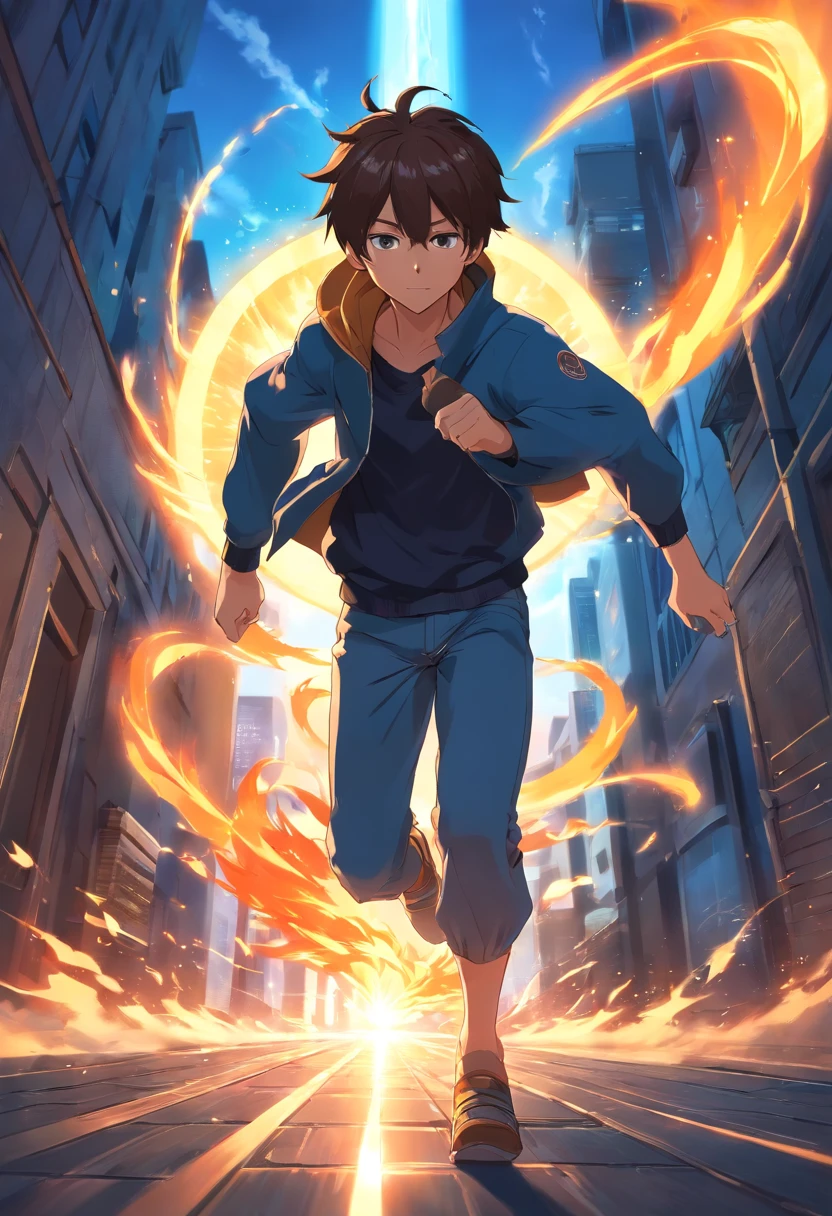 (best quality)), ((masterpiece)), (detailed), male thief, masked, dark Gi clothes, running fast, escaping through the solar fiery portal of the sun, calm blue aura