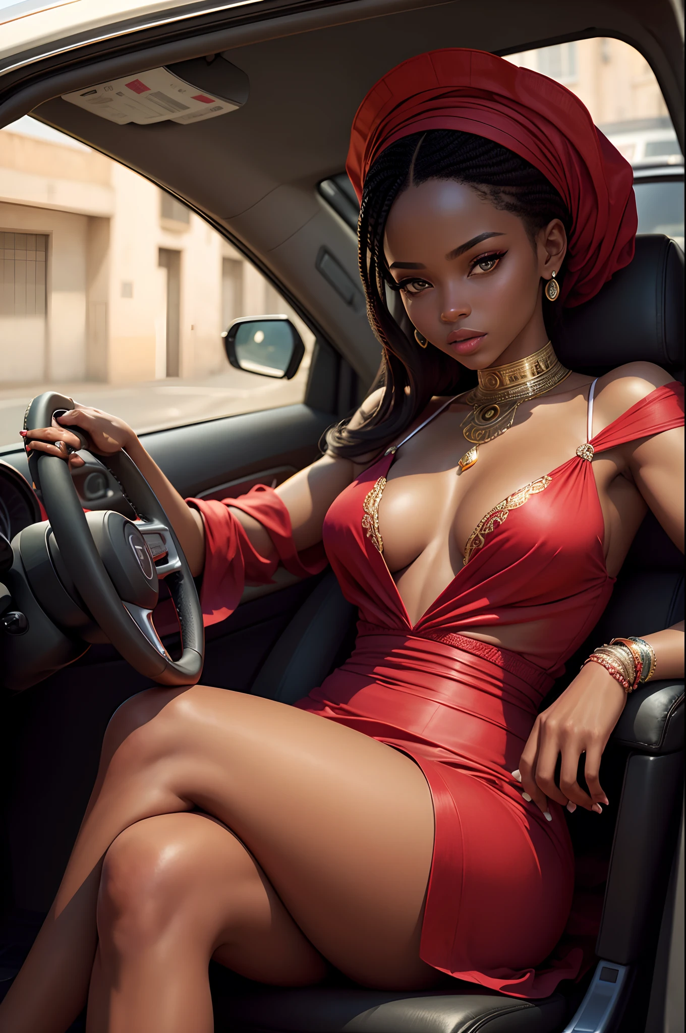 There is a woman sitting in a car with her legs crossed, ultra realistic, assise dans sa voiture, realistic, Robe rouge sexy, Beautiful Seductive African Woman, very sexy outfit, Artwork, cute elegant pose, Captured on Canon EOS R 6, Seductive African Girl, en robe courte rouge moulante