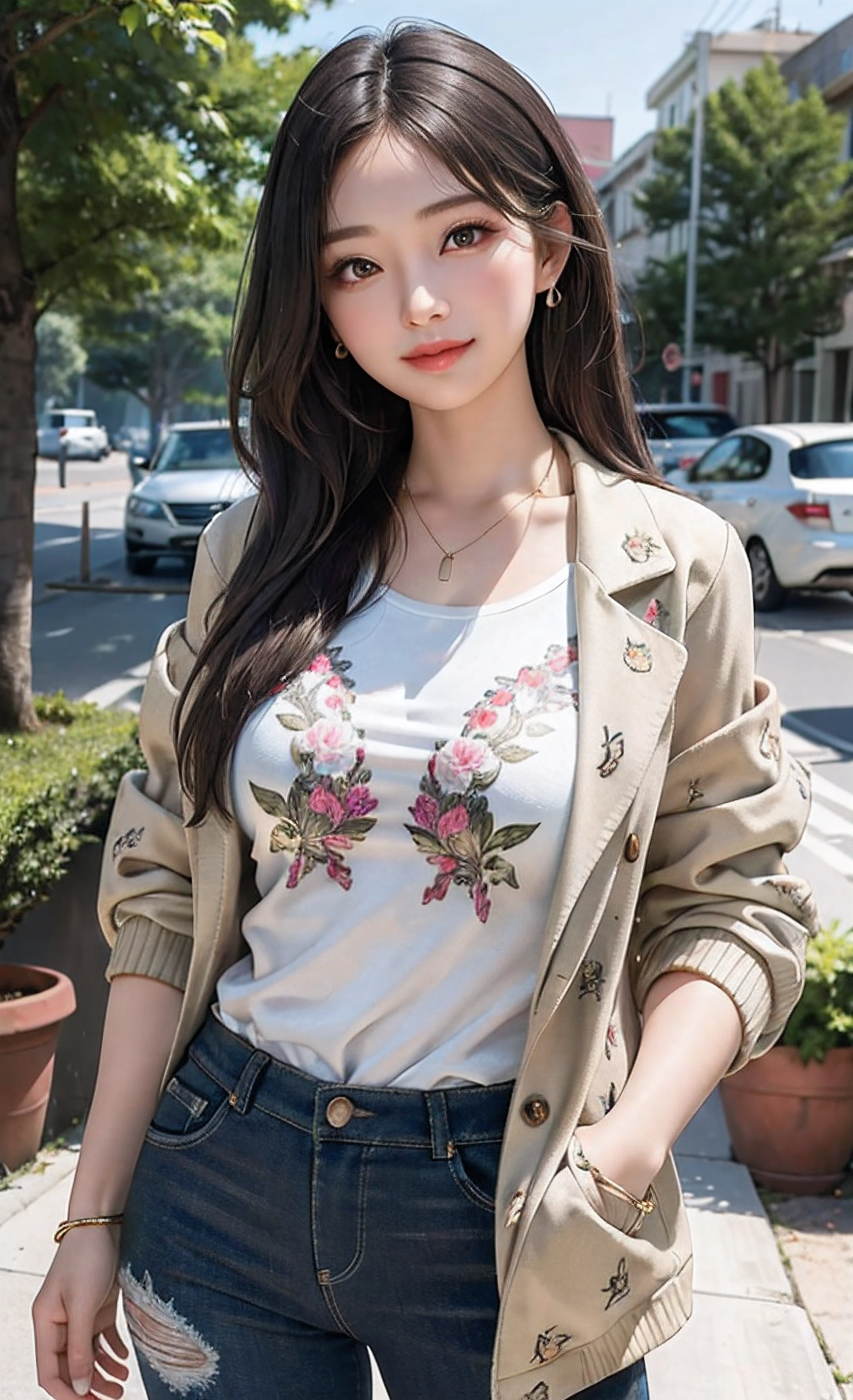 (masterpiece, best quality), (photo realistic), (intricate detail, Detailed Face), HDR, 1girl, solo, pretty girl,
front view, Look at the camera,
Light smile,
variety of hairstyles,
(variety of styles Jacket Print, variety of styles Top, variety of styles Pants),
Various earrings,
Variety of necklaces,
Various bracelets,
gigantic breasts:0.3,
wide hip:0.4,