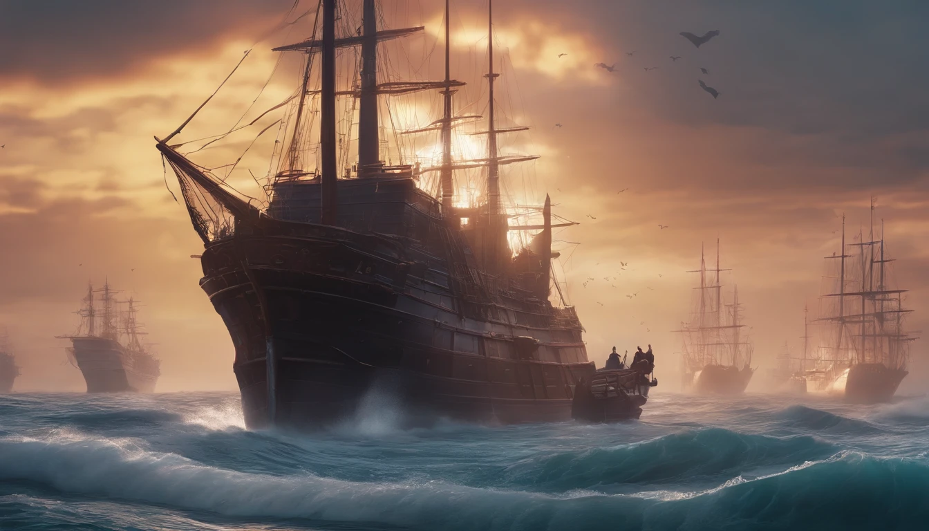 An army of ghost ships in the day. 4K,_dessin de style, Low-quality defects ,Anime Big Breast
