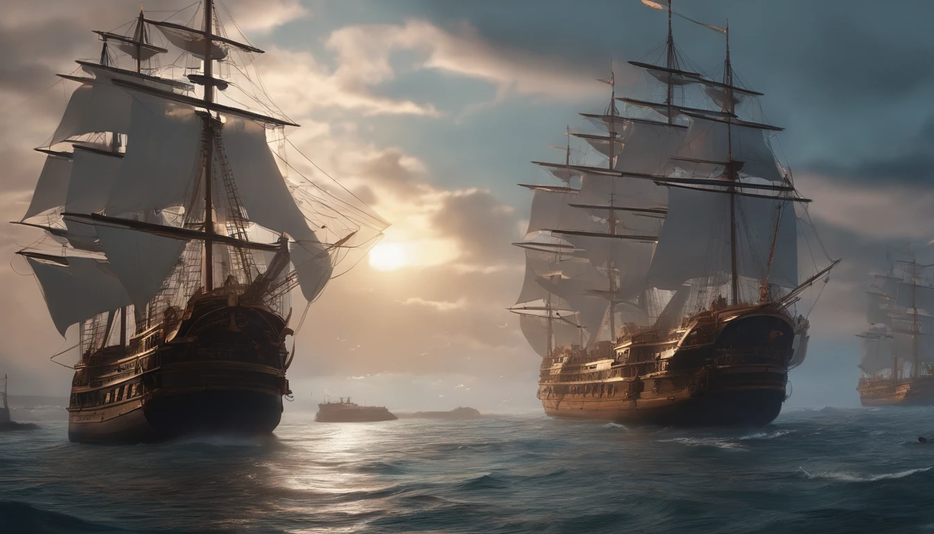 An army of ghost ships in the day. 4K,_dessin de style, Low-quality defects ,Anime Big Breast