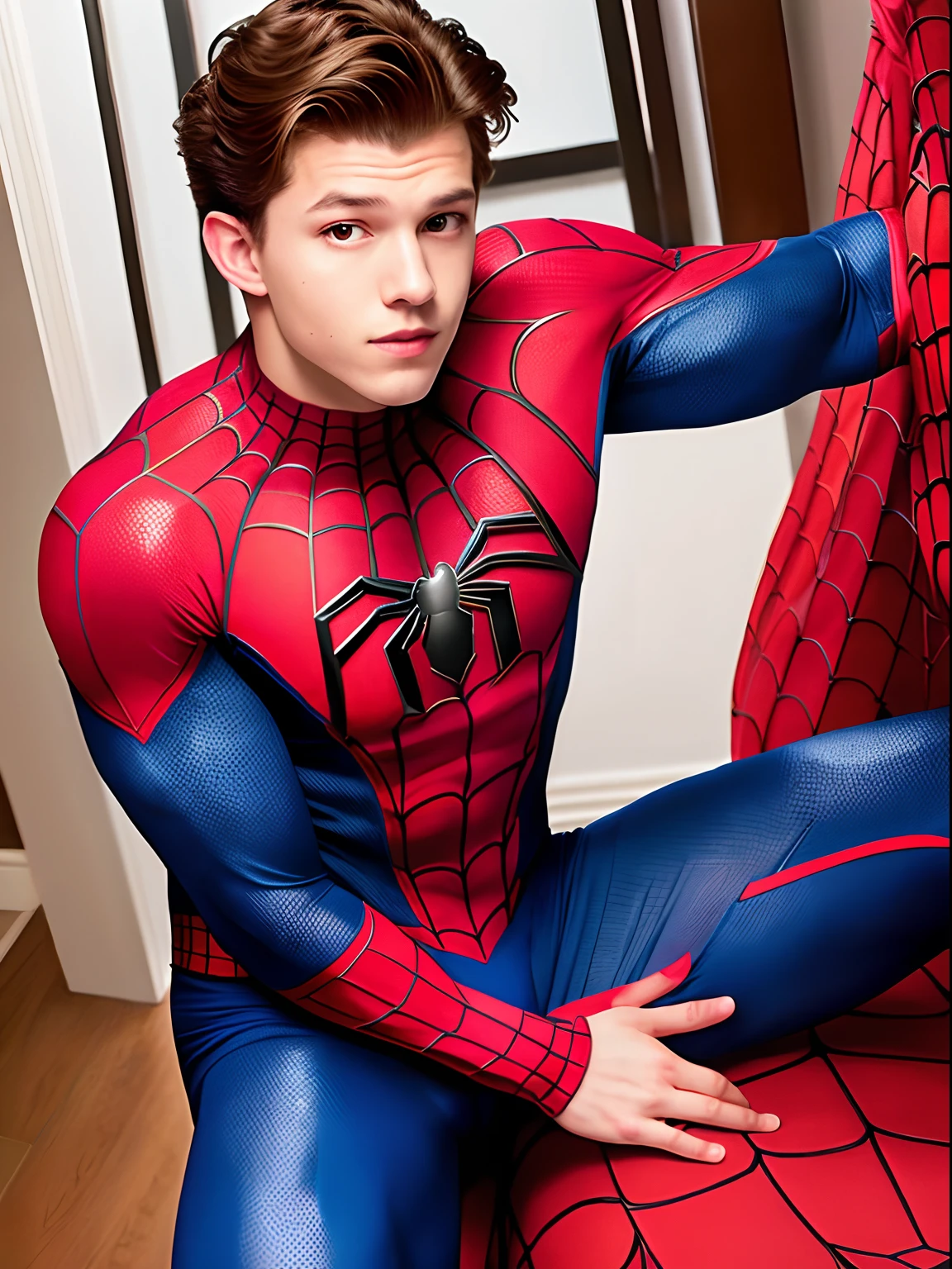 Asher Angel, handsome and hunk, wearing a spiderman outfit, sitting in a soft couch, sun light in a big window, perfect face, perfect shot