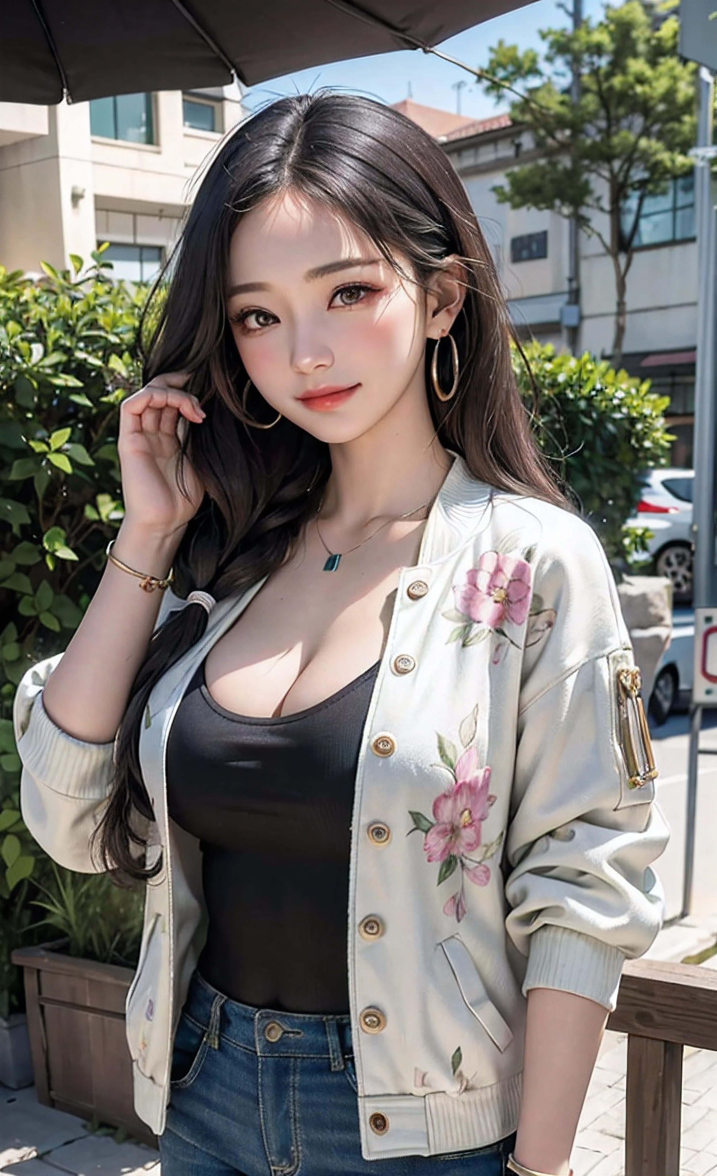 (masterpiece, best quality), (photo realistic), (intricate detail, Detailed Face), HDR, 1girl, solo, pretty girl,
front view, Look at the camera,
Light smile,
variety of hairstyles,
(variety of styles Jacket Print, variety of styles Top, variety of styles Pants),
Various earrings,
Variety of necklaces,
Various bracelets,
gigantic breasts:0.3,
wide hip:0.4,