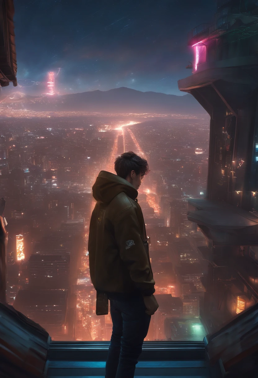(Masterpiece), Best quality, 超高分辨率, young man, cyberpunk 1guy flying above stunning cityscape ,The lights on the clothes came on, There is a tattoo on the neck, techwear Hoodie, brown hair, neon color shooting stars, wavy hair, cropped shoulders, Neon colors, Twinkle, stunning night sky, Cinematic lighting, Photorealistic, Realistic skin, hdr,fish eye