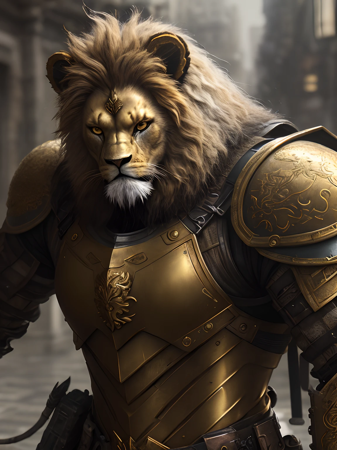 ，gold armor，metalictexture，Lion head,Hairy，strong muscular man, street angry, backpack, epic realistic, photo, faded, complex stuff around, intricate background, soaking wet, neutral colors, ((((hdr)))), ((((muted colors)))), intricate scene, artstation, intricate details, vignette