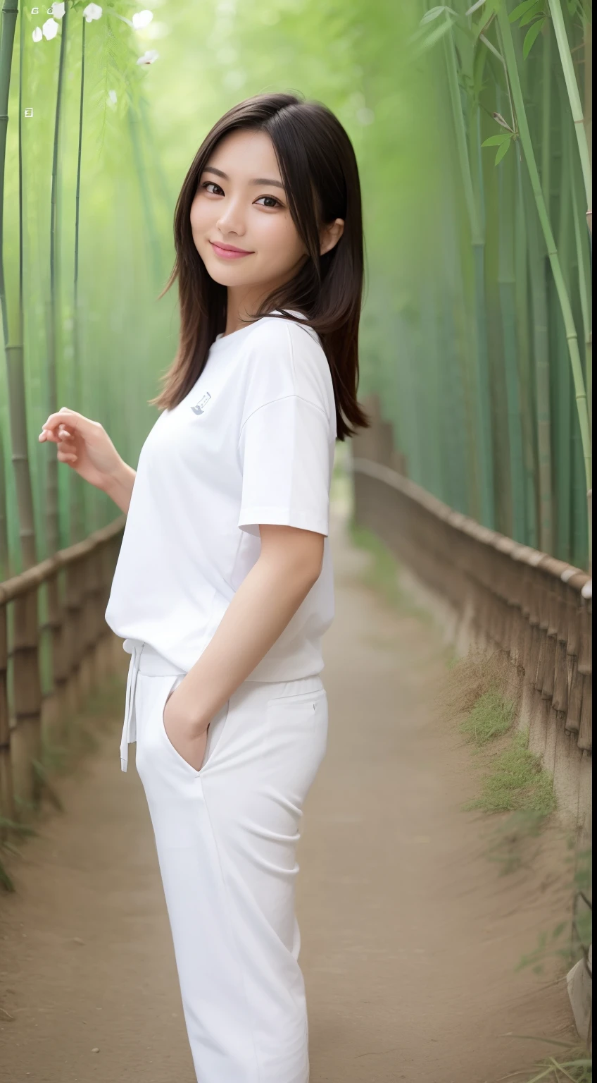 a pregirl,, ssmile, looking at viewert, white shirt,Loose slacks,athletic sneakers, photore, realisticlying, Best quality at best, employee, 详细的脸,Stand on the land in the bamboo forest, diffuselighting, depth of fields, Background bokeh