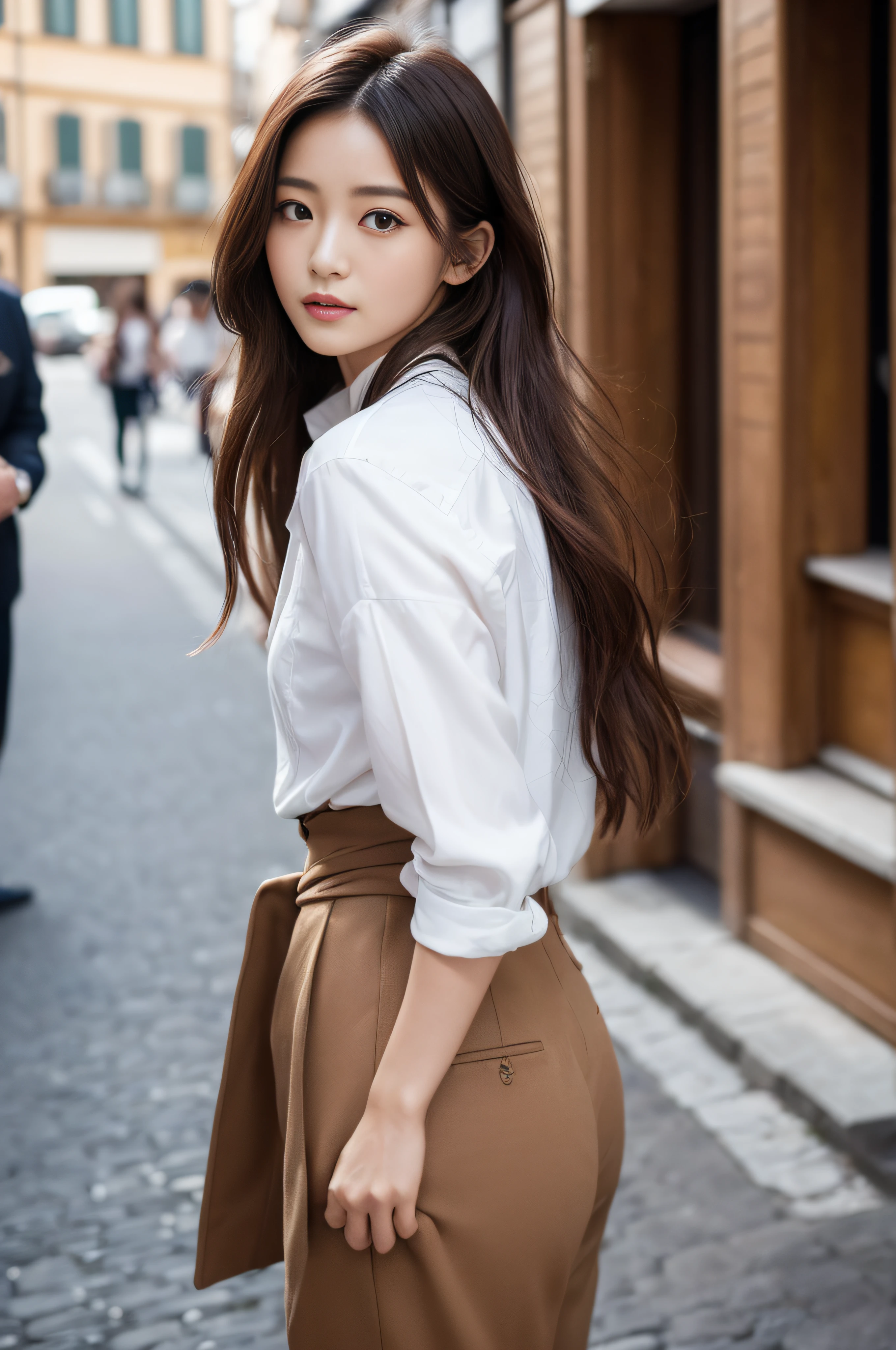 (((top-quality、8K、32K、​masterpiece、nffsw:1.2)))、Outrageous beauty,(Photo of a cute Japanese woman、Half Face),1girl in、(long,Brown hair color)、((Trendy hairstyles in 2023,long,Hair that flutters in the wind,Soft hair quality)),ultra-detailed hair,hyperdetailed face,二重まぶた、Long collar shirt、trouser、Necklace with small charm、Bustling street、Streets of Italy、Milan,Fashion Model Pose,Casual mode,Close-up above waist