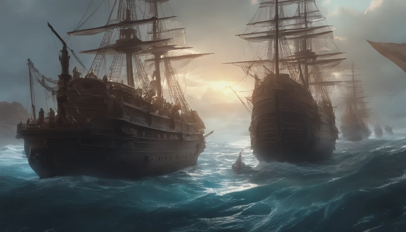 An army of ghost ships in the day. 4K,_dessin de style, Low-quality defects ,Anime Big Breast port en fond
