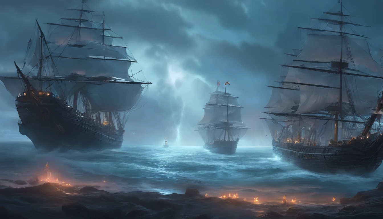 An army of ghost ships in the day. 4K,_dessin de style, Low-quality defects ,Anime Big Breast port en fond