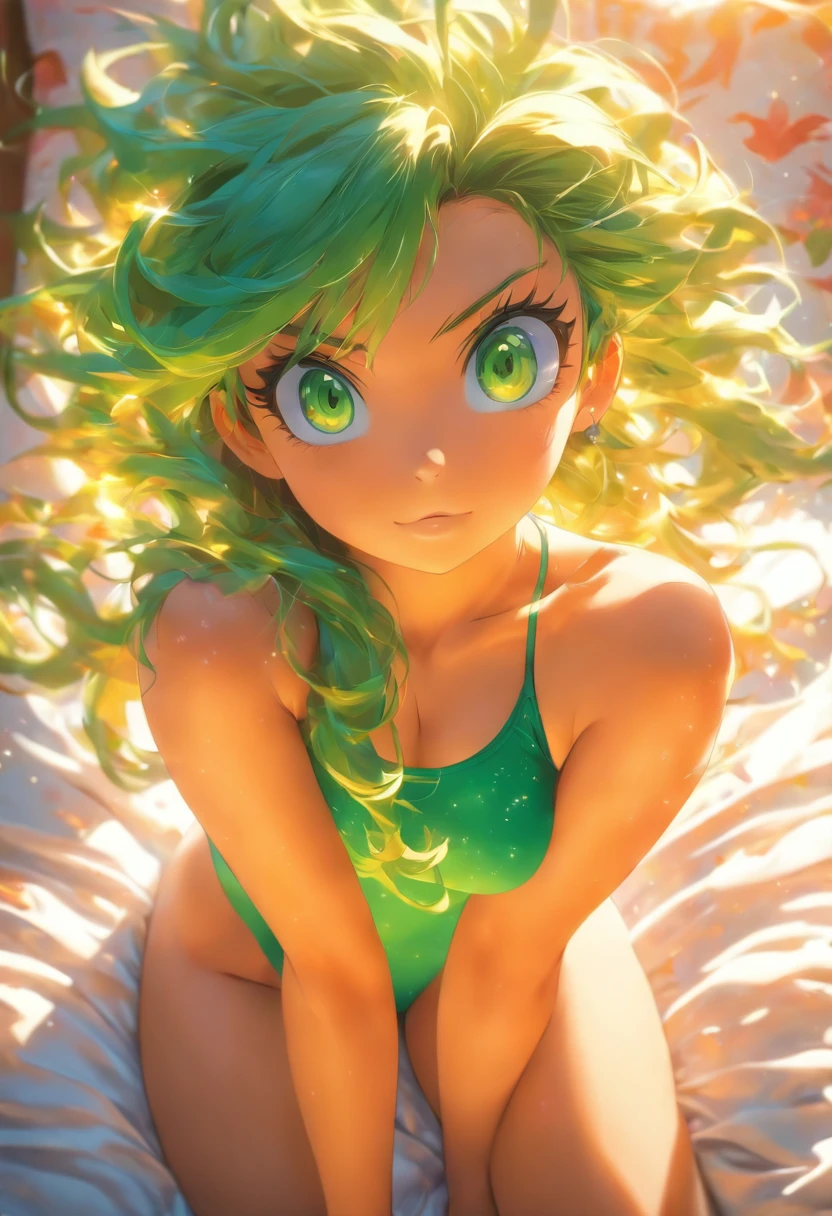 foreshortening, depth of field, masterpiece, best quality, 1girl, green hair, hazel eyes, long hair, on a bed, solo, looking at viewer, sexy swimsuit, dappled sunlight,