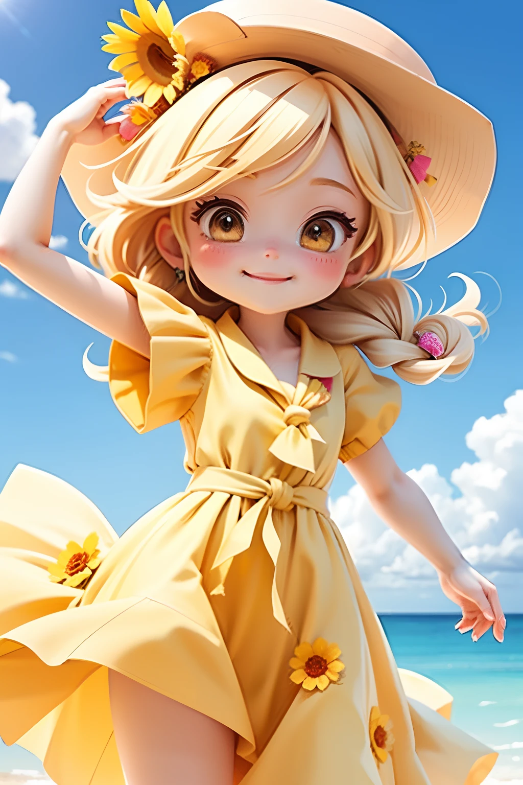 lolli girl in princess long yellow dress with sun flower style, blond hair with braid, cute smile in happyface, cap, cute ribbons, necktie, photoshot, summer sun beach
