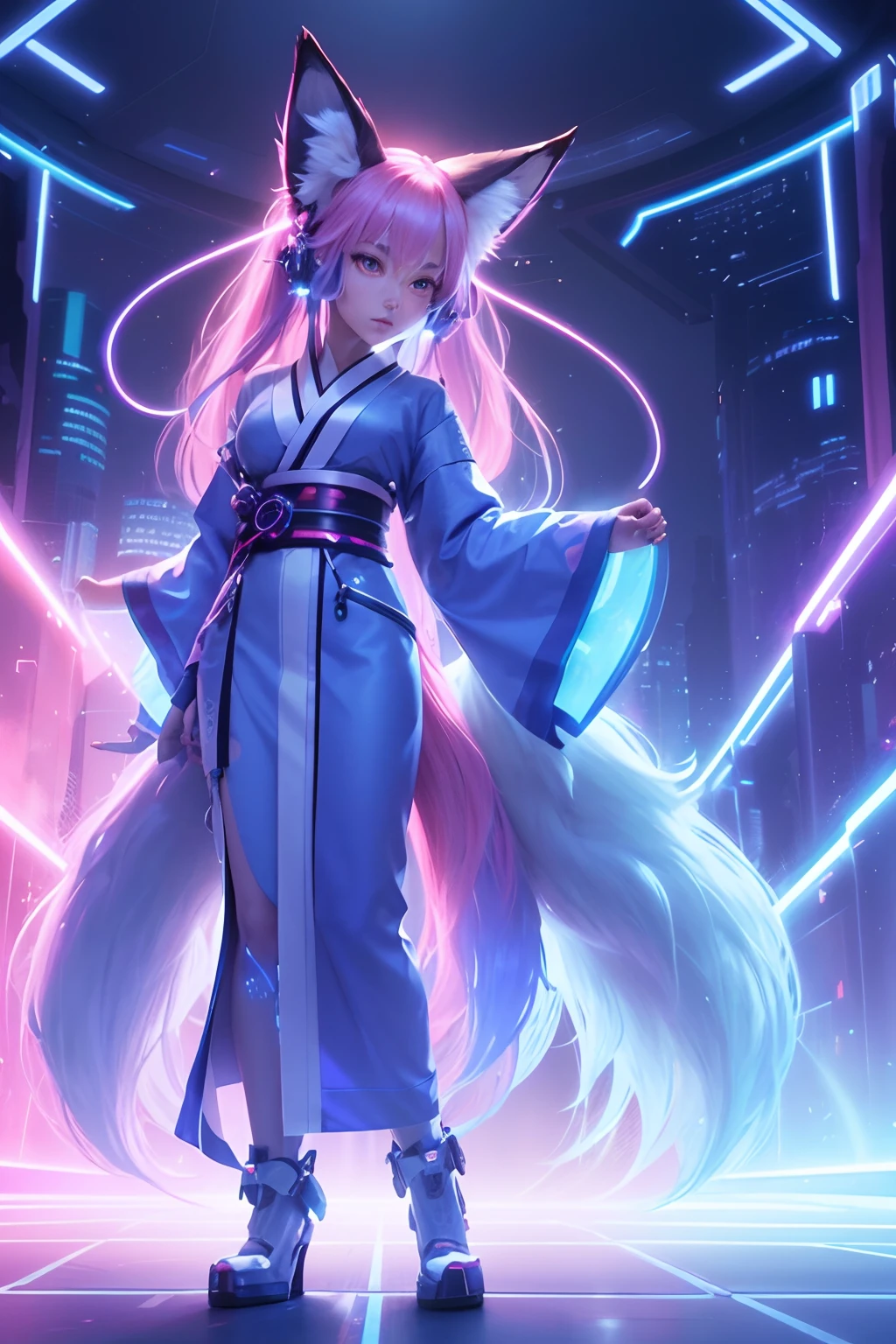 seductive, cunning,long blue hair with pink highlights, blue fluffy fur, long hair, blue furry fox ears, she has three pink fluffy fox tails, three flowing fox tails, three tailed kitsune,sci-fi theme,neon lights,futuristic colors, wearing a traditional kimono, dark background,glimmering eyes,ethereal beauty,otherworldly atmosphere,technological enhancements,bioluminescent effect,sleek and stylish kimono, long pink & blue nails, mysterious aura,night cityscape,sleek and streamlined design,advanced cybernetics,glowing symbols,android-like features,artificial intelligence integration,hovering elements,luminous patterns,illuminated pathways,hovering platforms,high-tech weaponry,reflective surfaces,holographic projections,intense energy,electric blue & blue accents,nocturnal setting,wireframe overlays,cosmic energy,interstellar travels,unconventional proportions,future-oriented technology,lucid dreamlike scenery,extraterrestrial markings,hovering vehicles,futuristic architecture,advanced engineering designs, full image from head to feet,