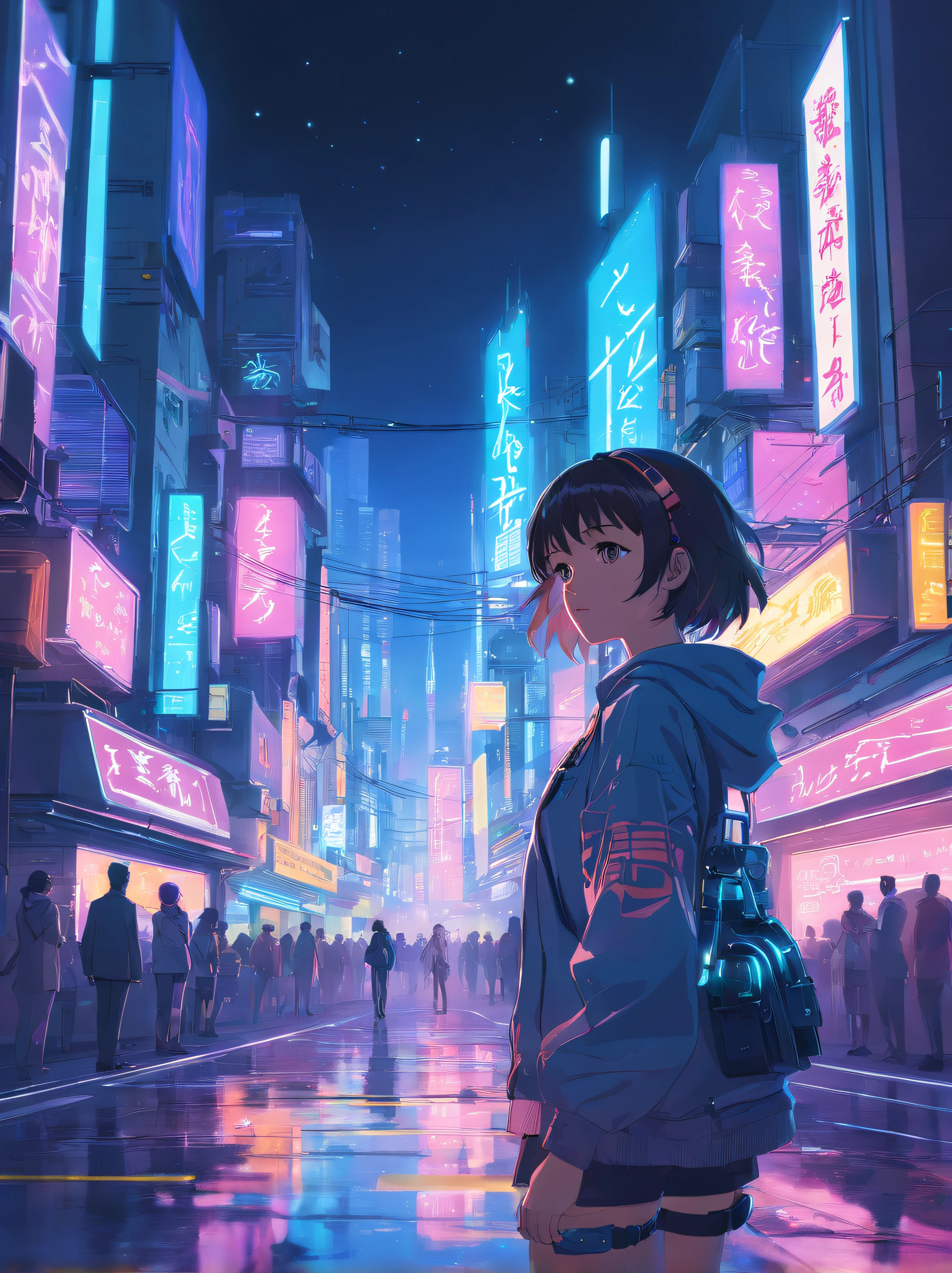 masterpiece,Anime-style illustration showing a young woman in her 20s wearing a futuristic plunging outfit, facing right, Stand in the middle of the street in a cyberpunk nightlife district. sheはピンクがかった黒髪の長い髪を持っています、Wearing pink glowing headphones. big breasts、she&#39;You&#39;re still looking up at the starry sky, but、sheの視線と体はフレームの右側を向いています. The scene should be lively, Reflects a cyberpunk aesthetic, ネオンと未来的な建物がsheを取り囲んでいます. The hustle and bustle of the city continues, but、sheは&#39;peace in the midst of chaos, Immerse yourself in the sights and sounds of the night. In the image、Must capture the calm sky above and the vibrant urban environment。, sheの新しい方向性を強調する.
