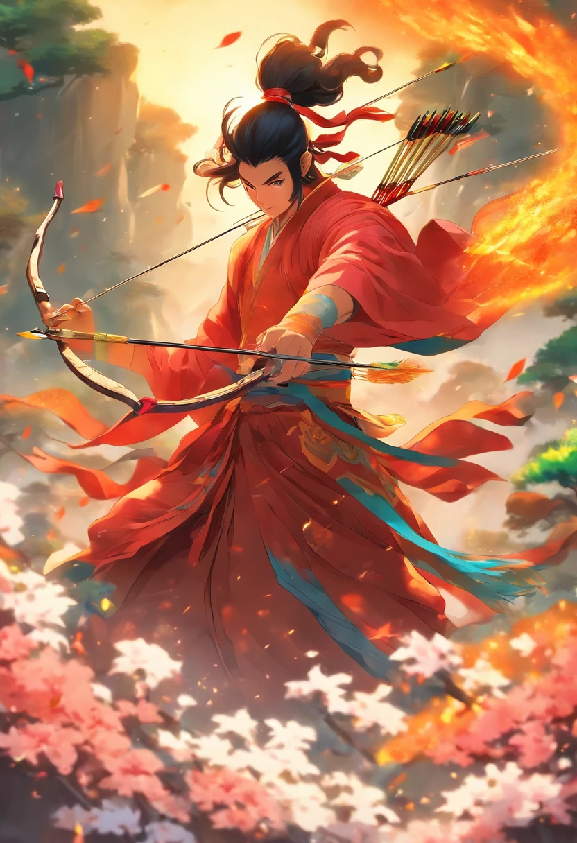 (((Houyi))), best quality, ultra-high resolution, 4K detailed CG, master piece,Houyi,Man, Chinese bow,bow and arrow,Chinese clothing,Chinese mythology,sunlight, ((Bow and Arrow)) ,Chinese painting style,Shui mo Hua,Thangka style, ukiyo painting, aesthetic, centered on canvas