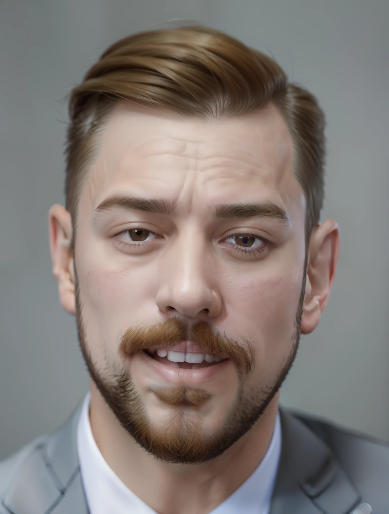 a close up of a man in a suit and tie smiling, 4k, hyper realistic, with a small beard, artem, short beard, high quality face, very high quality face, small beard, borja, man in his 30s, giddy smirk, good looking face, high quality portrait, kacper niepokolczycki