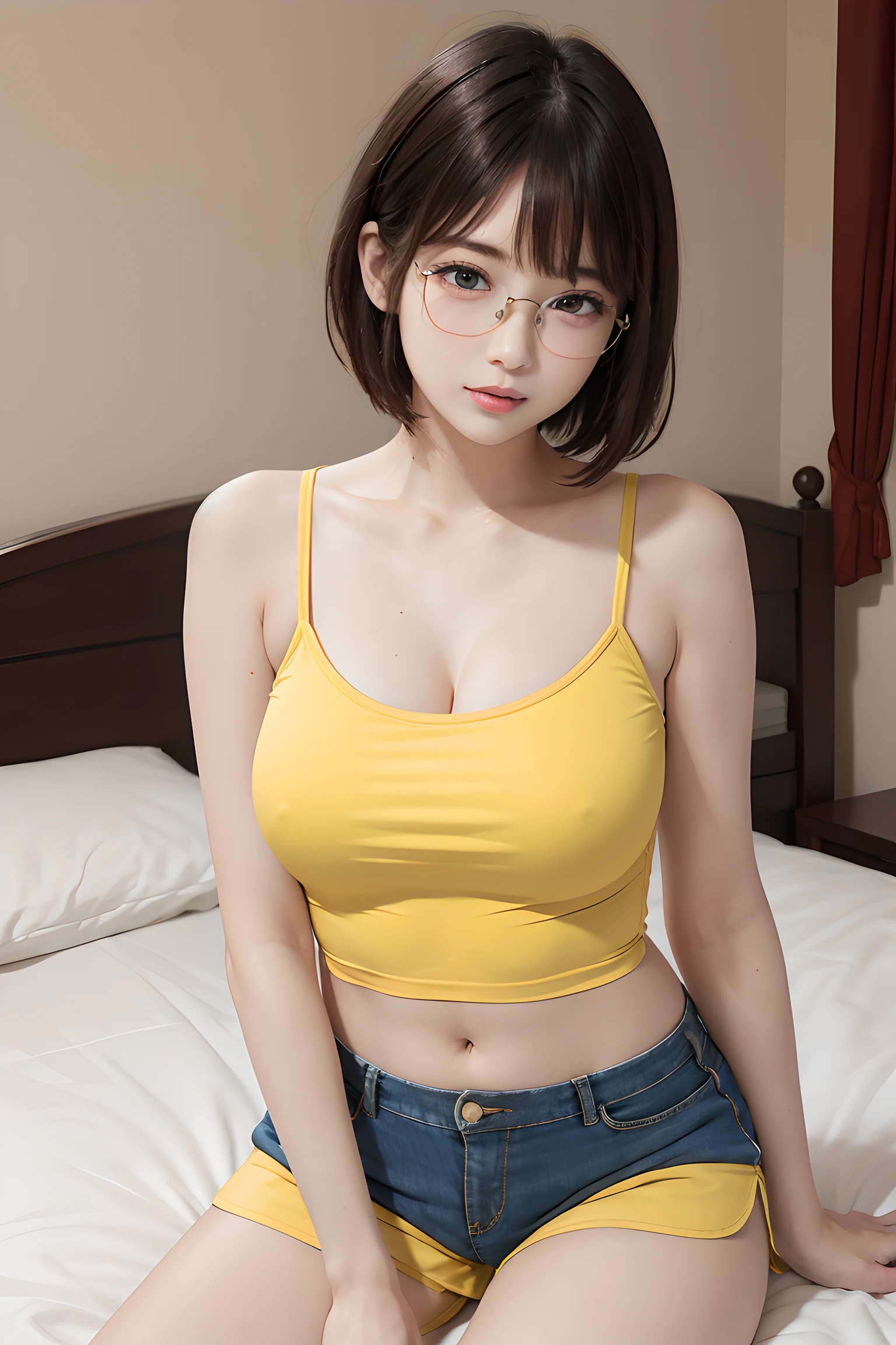 Beautiful illustration、top-quality、Cute glasses girl、shy, blush, Bedroom、A black-haired、short bob-cut hair、bangs, thin hair, (((yellow camisole)))、(((sprots shorts)))、Colossal tits、a navel、bare-legged、blue eyess、on the beds、lovely thighs、glowing thigh, hands between legs:1.3, sagging breasts:1.38, medium brests:1.3, hands between legs,