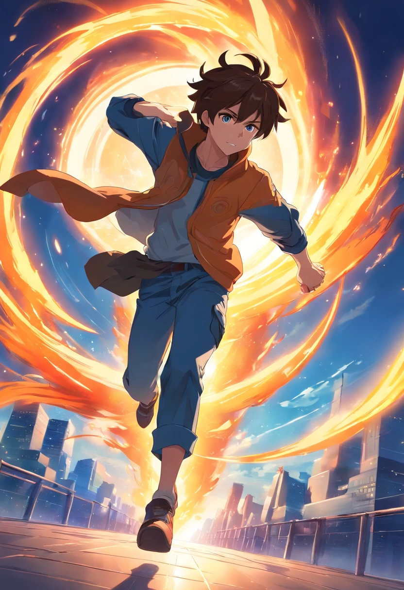 (best quality)), ((masterpiece)), (detailed), male thief, masked, dark fighting clothes, running fast, escaping through the solar fiery portal of the sun, calm blue aura, with messy hair