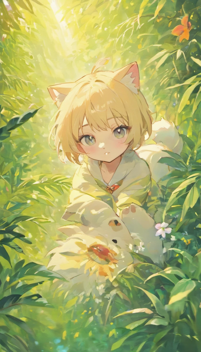 Very cute furry white tropical punk kitten，largeeyes，fresh flowers，Flowers，full body Esbian，bocchi，laughingly，Professional Light，depth of fields，8K，Wide-angle high-angle view，professional photoshoot，rendering by octane，best qualtiy，tmasterpiece，