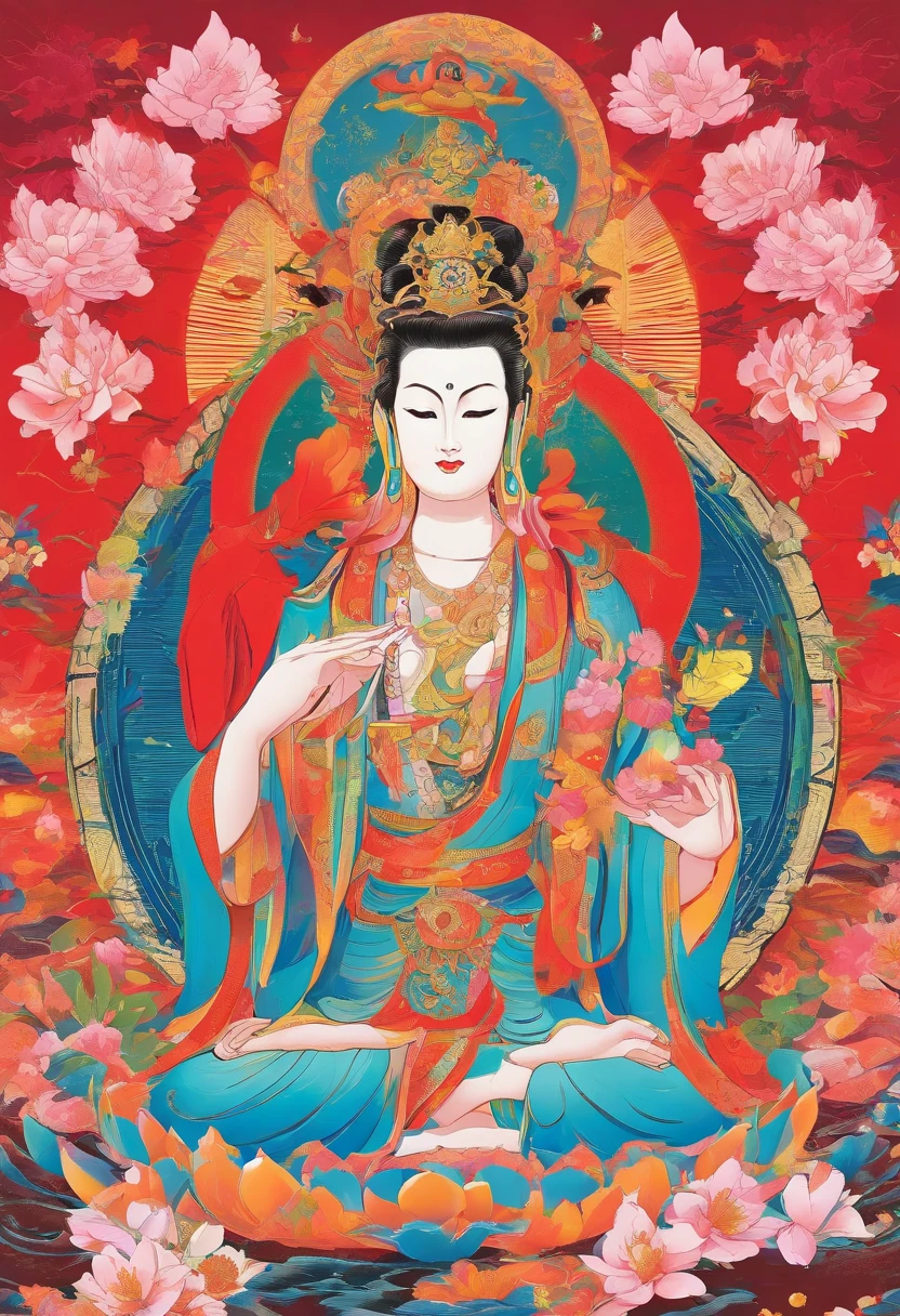 Guanyin Bodhisattva,Female Bodhisattva,The eyebrows are like Satsuki,The eyes resemble double stars,The jade face is naturally joyful,Vermilion's lips were a little red,Sit on a huge lotus leaf,(nsfw: 1.5) (: 1.5), pubic