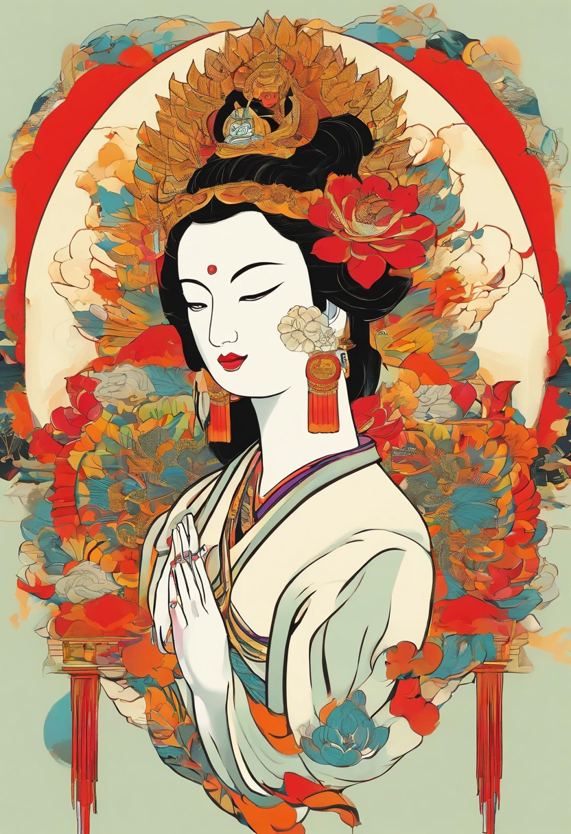 Guanyin Bodhisattva，Female Bodhisattva，The eyebrows are like Satsuki，The eyes resemble double stars，The jade face is naturally joyful，Vermilion's lips were a little red，Sit on a huge lotus leaf，(nsfw: 1.5) (: 1.5), pubic