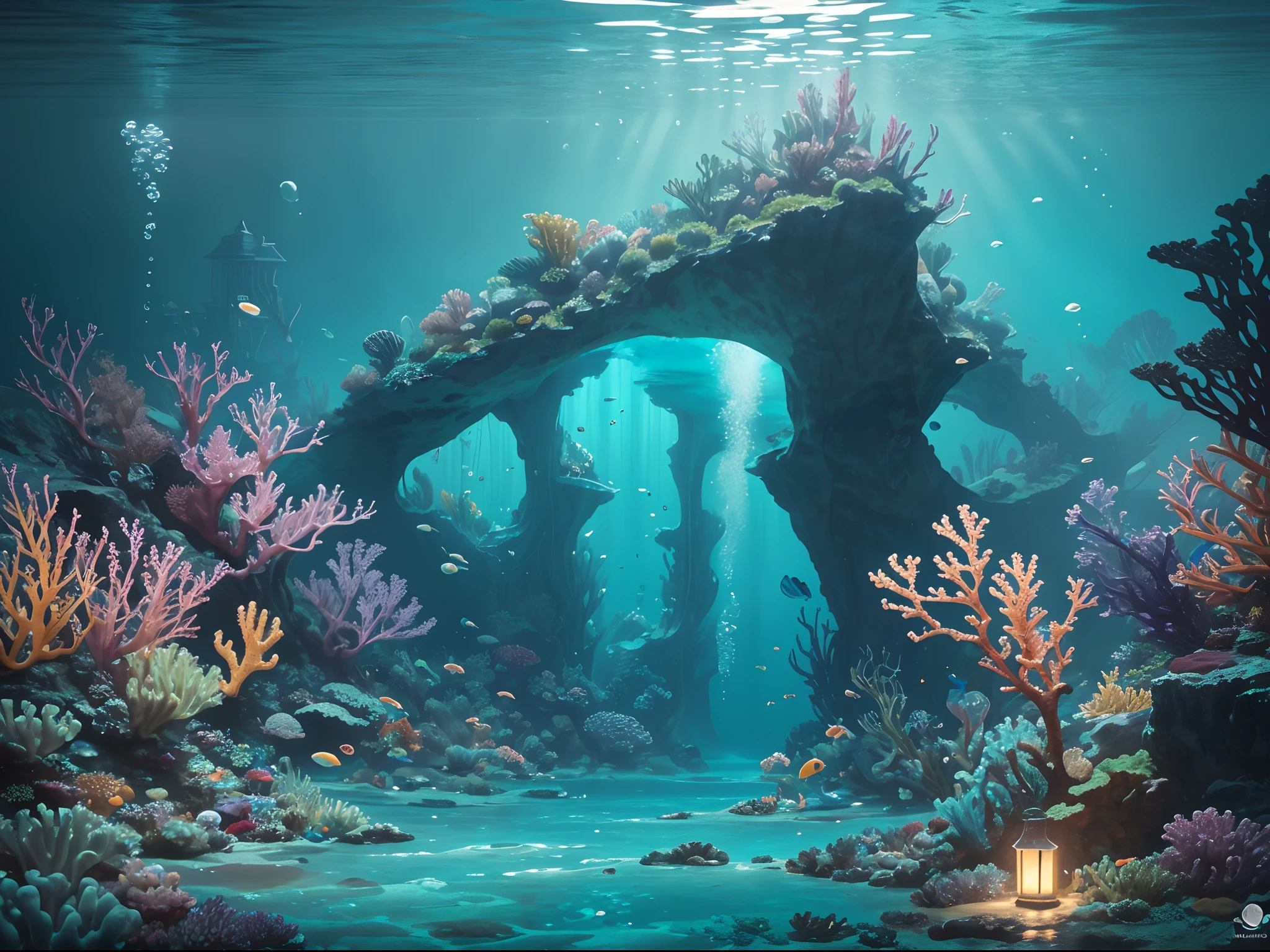 (Masterpiece), (extremly intricate:1.3), (Realistic),((bubbly underwater scenery)),Many large underwater future translucent ice palaces,There are a lot of colorful tropical fish inside, Beautiful coral reef in the background,Futuristic underwater translucent ice palace, futuristic underwater metropolis, an underwater city, Underwater market, Colorful underwater creatures,light leaks,depth of fields,Amazing scenery,deep sea cyberpunk, cyberpunk atlantis, Stylized urban fantasy artwork, underwater environment, , Dramatic, Award-Awarded, Cinematic lighting, Octane rendering Unreal Engine, volumetrics dtx, (filmgrain, 1.3), Art germ, Broken glass, ((bubbly underwater scenery)) ,Radiant light octane rendering is highly detailed