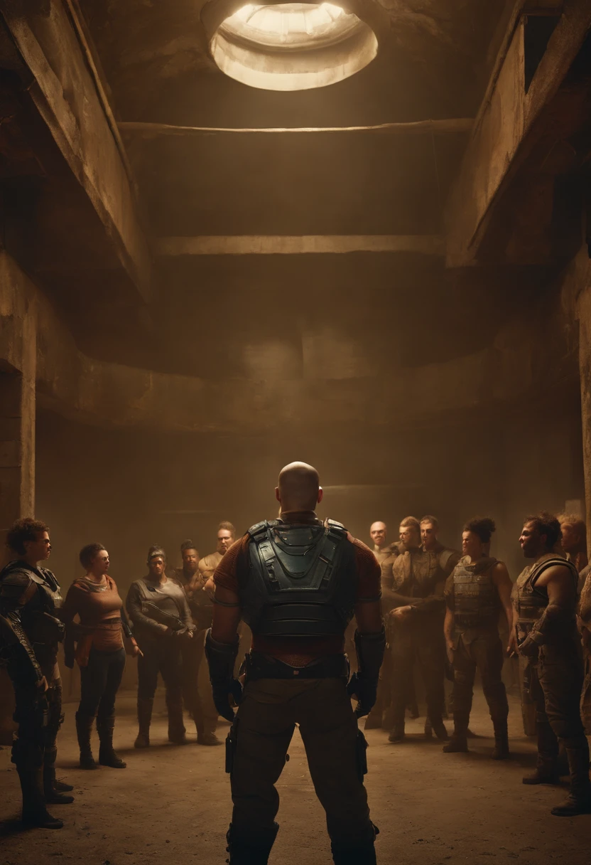 A heavy bulky 8 ft man with ballisyics armor standing in front of the survivor group without the mask in a room of the post apocalyptic building, A big face with buzz cut, russian looking, Clean Shave, Hyper Realistic