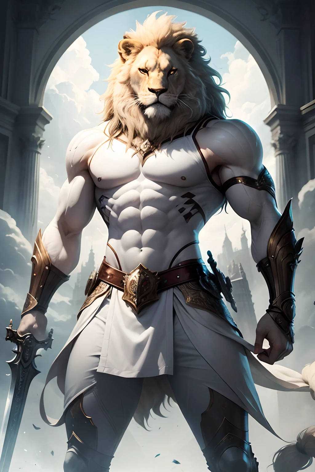 futuristic image of lion, straight posture, white dress, furious lion, holding a sword
