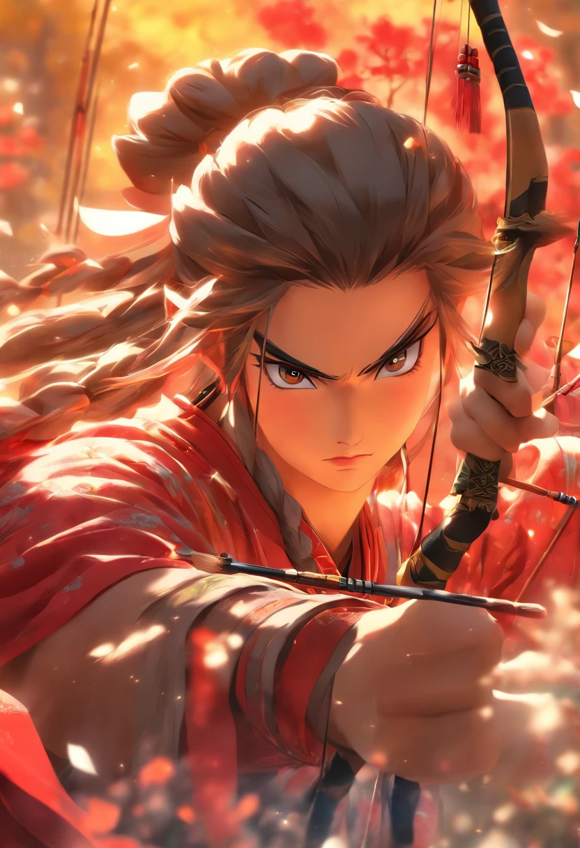 (((Houyi))), best quality, ultra-high resolution, 4K detailed CG, master piece, Houyi, Man, Chinese bow, archer, Chinese clothing, Chinese mythology, sunlight, ((Bow and Arrow)), Style Chinese painting, Shui mo Hua, Thangka style, ukiyo painting, aesthetic