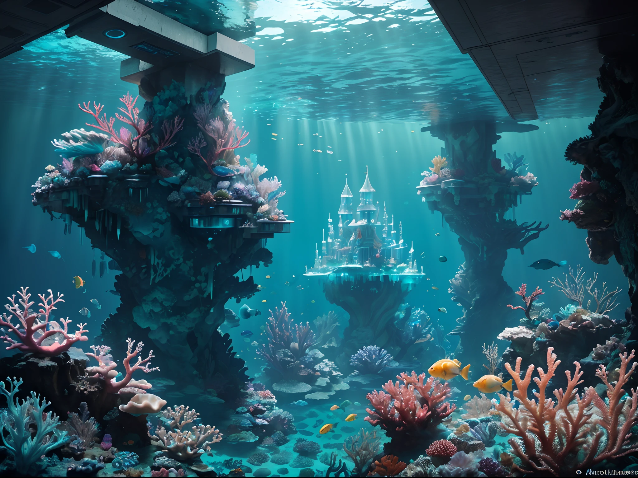 (Masterpiece), (extremly intricate:1.3), (Realistic), Many large underwater future translucent ice palaces，There are a lot of colorful tropical fish inside, Beautiful coral reef in the background，Futuristic underwater translucent ice palace, futuristic underwater metropolis, an underwater city, Underwater market, Colorful underwater creatures，light  leaks，depth of fields，Amazing scenery，deep sea cyberpunk, cyberpunk atlantis, Stylized urban fantasy artwork, underwater environment, , Dramatic, Award-Awarded, Cinematic lighting, Octane rendering Unreal Engine, volumetrics dtx, (filmgrain, 1.3), Art germ, Broken glass, ((bubbly underwater scenery)) ，Radiant light octane rendering is highly detailed