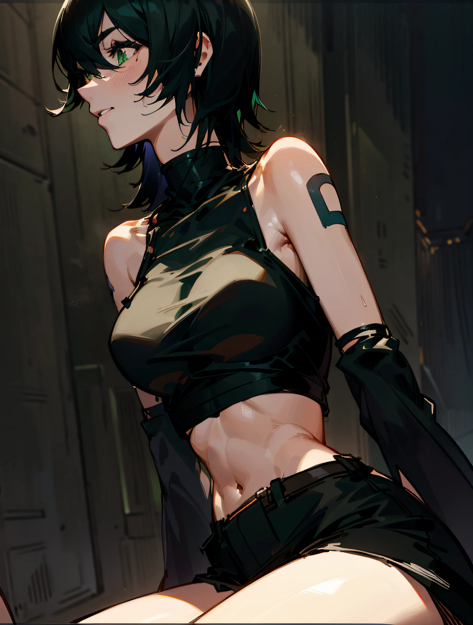 a drawing of a woman with short hair and a black top, anime girl with short hair, short hair, black hair, bangs, hair between eyes, (((green eyes))), ((looking to the side)), longeyelashes, (((good face, good eyes, beautiful face, good mouth, good nose, glowing eyes))), (((stomach, nice belly, thin, skinny, ribs, nice navel))), ((ribs)), (((perfect anatomy))), ((anime girl, anime)), detailed background, highres, official art, (masterpiece, best quality, absurdres), ((1girl, solo)), solo focus, ((extreme detail)), (ultra-detailed), black top, crop top, detached sleeves, black sleeves, bare shoulders, midriff, black shorts, short shorts, bare legs, thighhighs, sitting, outdoors, ((night, cityscape, buildings))