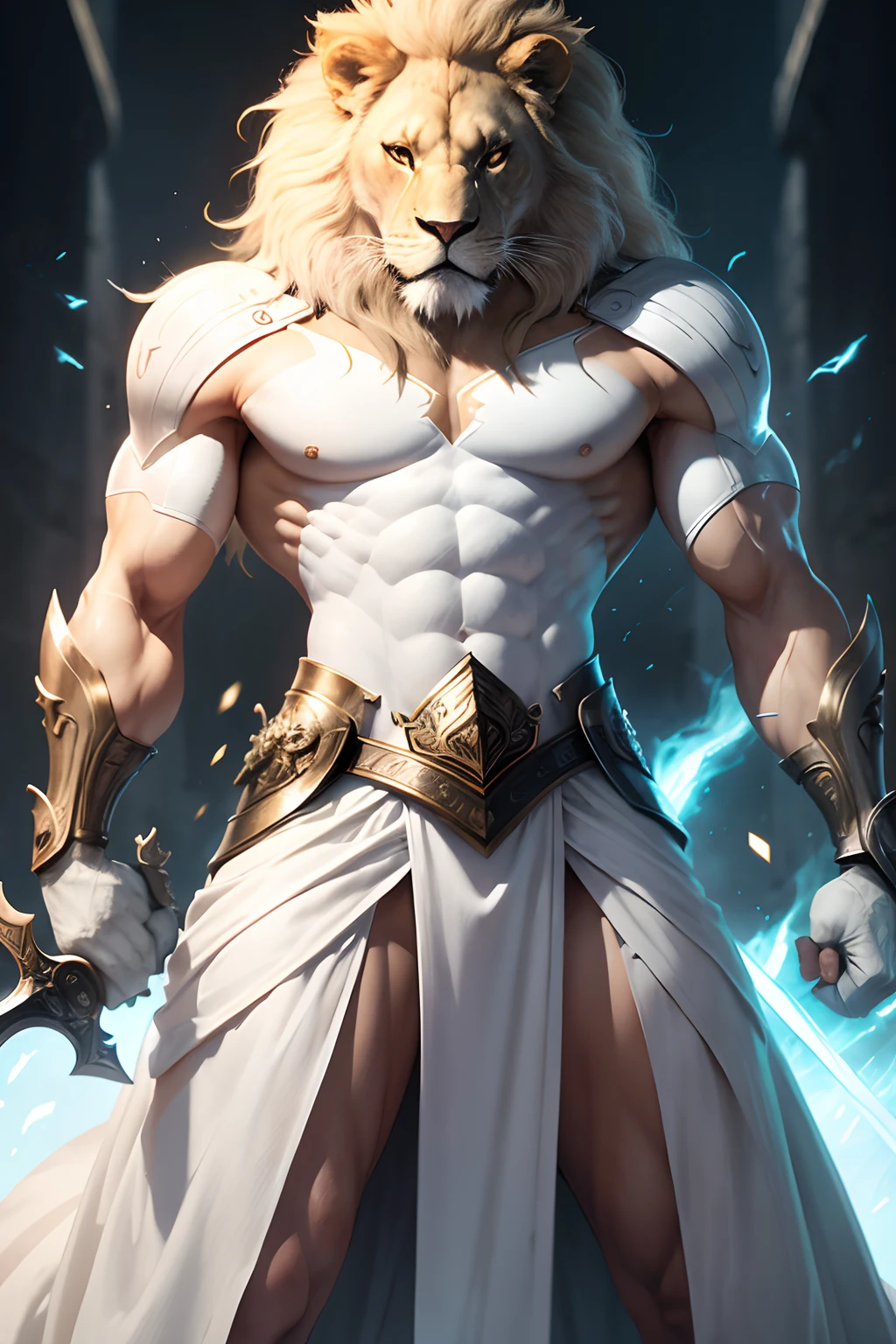 futuristic image of lion, straight posture, white dress, furious lion, holding a sword