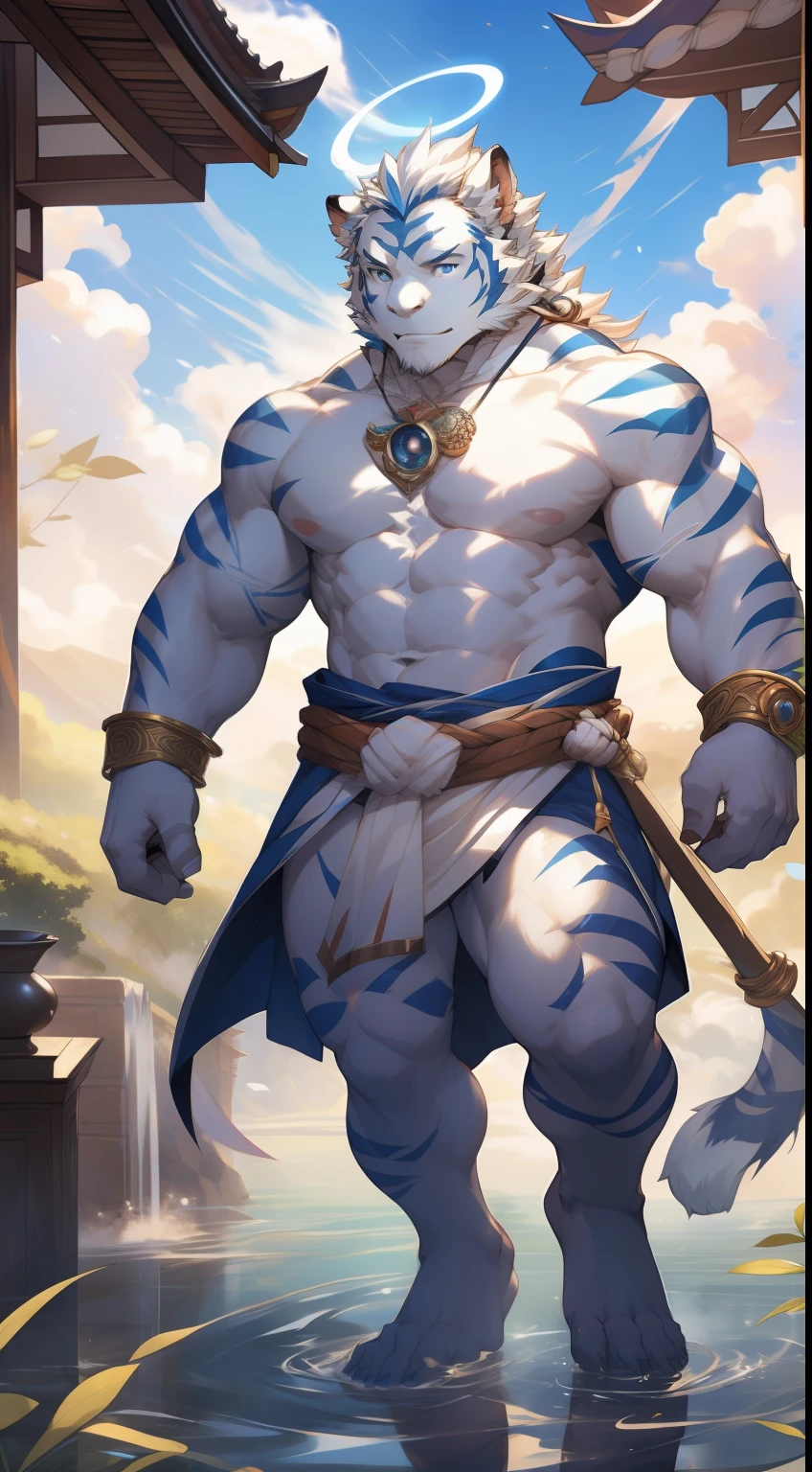 (by null-ghost, by thebigslick, By Darkgem, by Honovy), Kogenta (Onmyoji Oyamaji Temple), high-definition photograph, Perfect anatomy, Anthropomorphic white tiger,ancient god,36 years old,Bare upper body,The pectorals and abs are very strong,White fur,blue color eyes,Mysterious Expression,Blue lightning tattoo on the chest,Fly high in the air,dressed white hanfu,The barefoot,Gold wristband,There is a halo on the back of the head,Current surrounds,Flowing clouds fly,Green leaves fly,Background of the sky,Divine brilliance,full body shot of,eastern style,Song Dynasty,realisticlying,Impressive,Perfect anatomy,depth of fields,Epic atmosphere