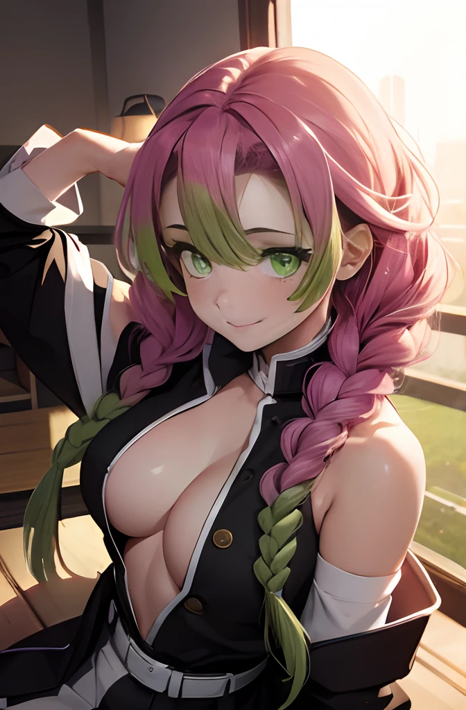 Mitsurikan Log, mitsuri kanroji, braid, Gradient Hair, (Green eyes:1.5), Green hair, Long hair, Mole, Mole under the eyes, multicolored hair, Pink hair, Twin braids, Two-tone hair, Brake belt, Black skirt, cleavage, coat, demon slayer uniform, haori, Komono, Long sleeves, Miniskirt, partially unbuttoned, Pleated skirt, Skirt, uniform, BREAK looking at viewer, Break indoors, BREAK (masutepiece:1.2), Best Quality, High resolution, Unity 8k壁纸, (Illustration:0.8), (Beautiful detailed eyes:1.6), extra detailed face, Perfect Lighting, extremely details CG, (Perfect hands, Perfect Anatomy),colourful hair, The whole body is reflected, (Off-the-shoulder costumes:1.5), ((chest wide open and exposed)), (Smile), Sitting on a chair,　legs crossed,　Hands behind the head, Showing the side, Lying on your back on the bed