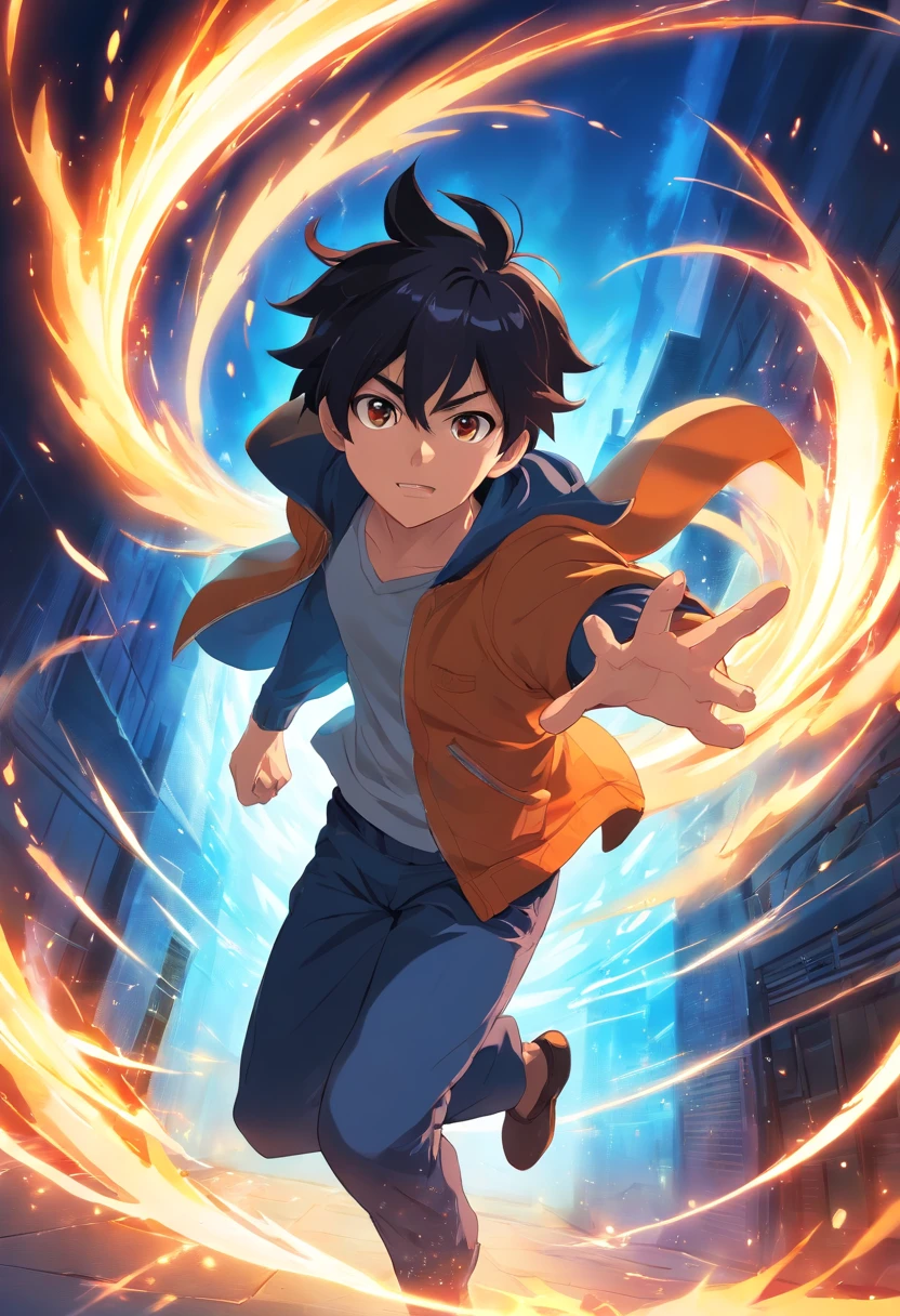 (best quality)), ((masterpiece)), (detailed), male thief, masked, dark fighting clothes, running fast, escaping through the solar fiery portal of the sun, calm blue aura, with Natsu's hair style, black hair