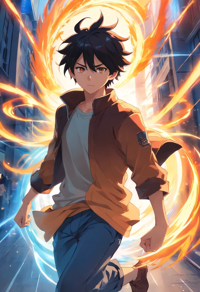 (best quality)), ((masterpiece)), (detailed), male thief, masked, dark fighting clothes, running fast, escaping through the solar fiery portal of the sun, calm blue aura, with Natsu's hair style, black hair